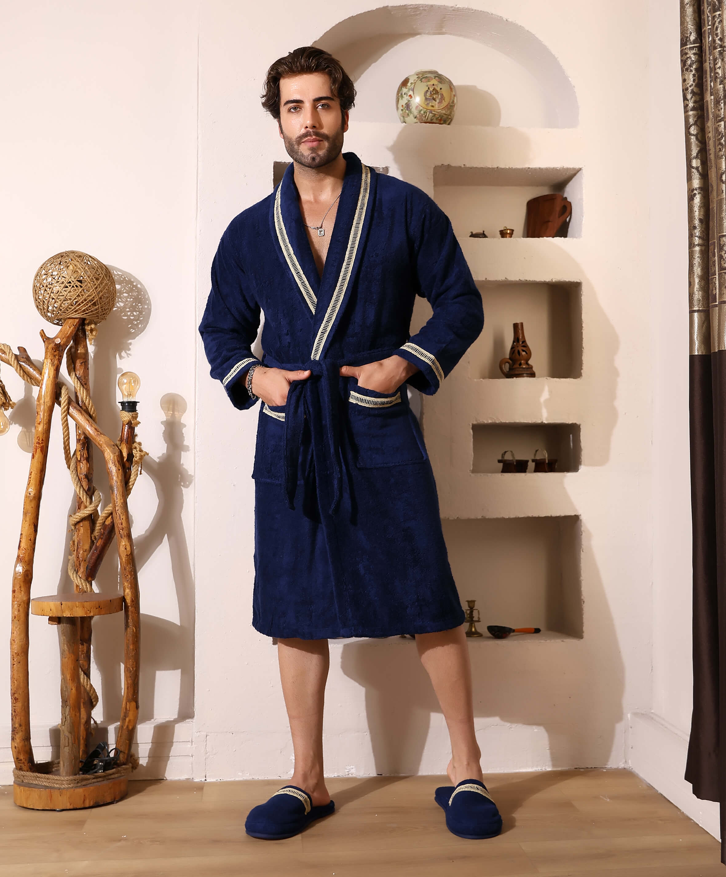 Men's Night Blue Embroidered Luxury Bathrobe Set, Fine Robe & Spa Set
