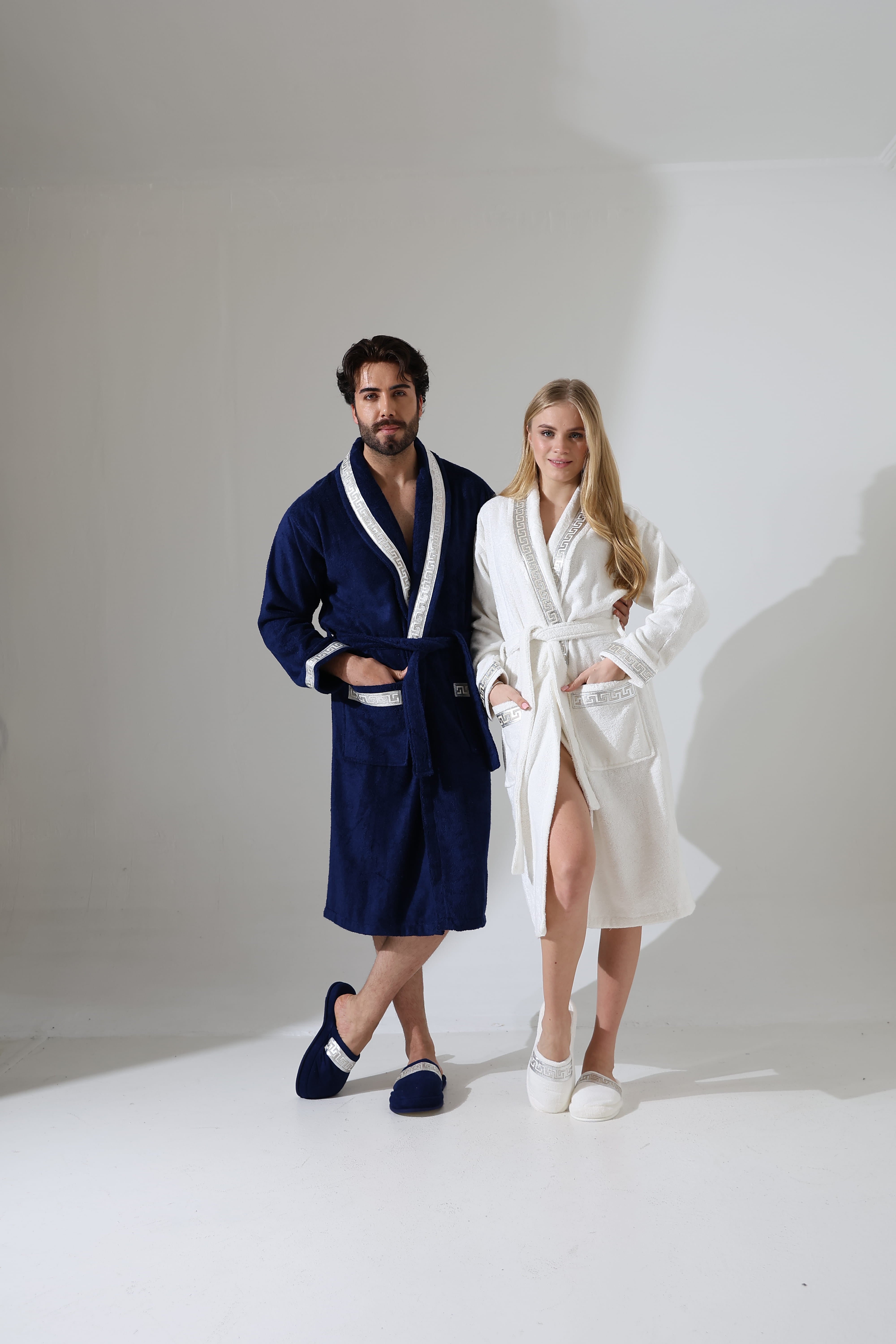 Anka Couple's Matching Bathrobe Set Fine Greek Key SPA Robe & Slippers