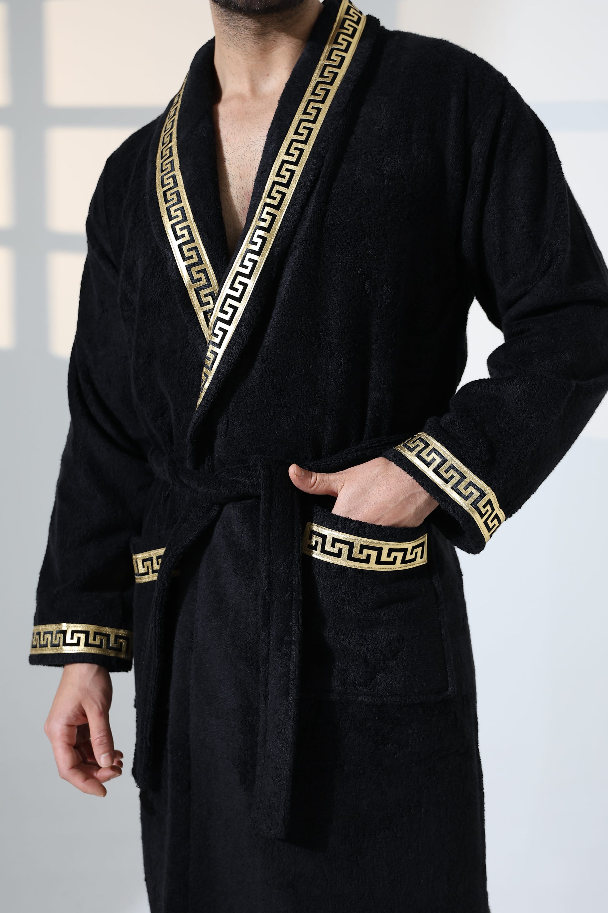 Anka Exclusive Bathrobe (His) - Greek Key Versace style Black & Gold Bathrobe Dressing Gown for Men by Creative Home,BRM-CH-ANKABG-S-BO,BRM-CH-ANKABG-S-BS,BRM-CH-ANKABG-S-BST,BRM-CH-ANKABG-M-BO,BRM-CH-ANKABG-M-BS,BRM-CH-ANKABG-M-BST,BRM-CH-ANKABG-L-BO,BRM-CH-ANKABG-L-BS,BRM-CH-ANKABG-L-BST,BRM-CH-ANKABG-XL-BO,BRM-CH-ANKABG-XL-BS,BRM-CH-ANKABG-XL-BST,BRM-CH-ANKABG-XXL-BO,BRM-CH-ANKABG-XXL-BS,BRM-CH-ANKABG-XXL-BST,BRM-CH-ANKABG-XXXL-BO,BRM-CH-ANKABG-XXXL-BS,BRM-CH-ANKABG-XXXL-BST