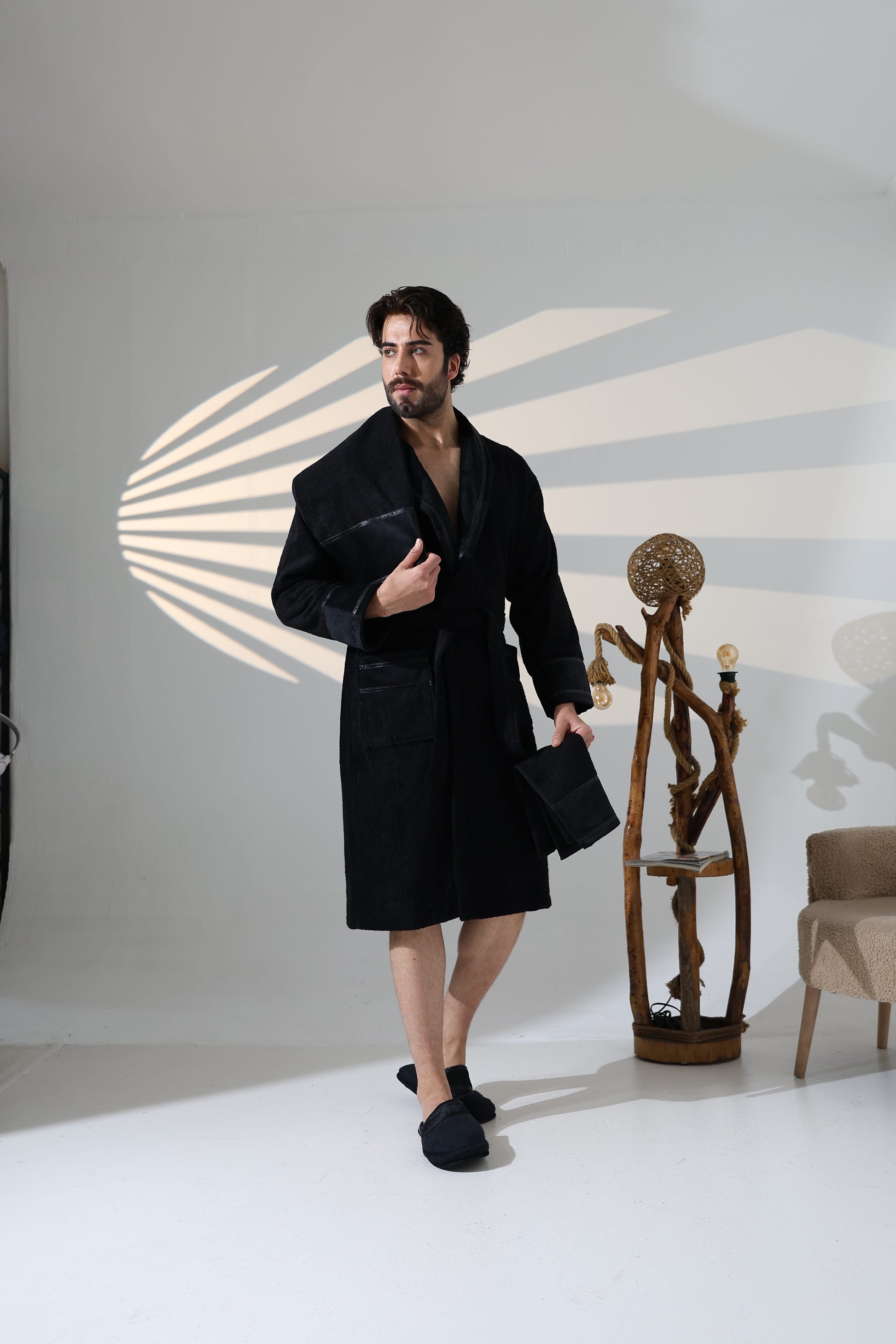 Bora Premier Luxury Men's Black Bathrobe Set, Velvet Applied Gown Robe, Slippers & Towels Set by Creative Home,BRM-CH-BORA-S-BO,BRM-CH-BORA-M-BO,BRM-CH-BORA-L-BO,BRM-CH-BORA-XL-BO,BRM-CH-BORA-XXL-BO,BRM-CH-BORA-XXXL-BO,BRM-CH-BORA-S-BS,BRM-CH-BORA-M-BS,BRM-CH-BORA-L-BS,BRM-CH-BORA-XL-BS,BRM-CH-BORA-XXL-BS,BRM-CH-BORA-XXXL-BS,BRM-CH-BORA-S-BST,BRM-CH-BORA-M-BST,BRM-CH-BORA-L-BST,BRM-CH-BORA-XL-BST,BRM-CH-BORA-XXL-BST,BRM-CH-BORA-XXXL-BST