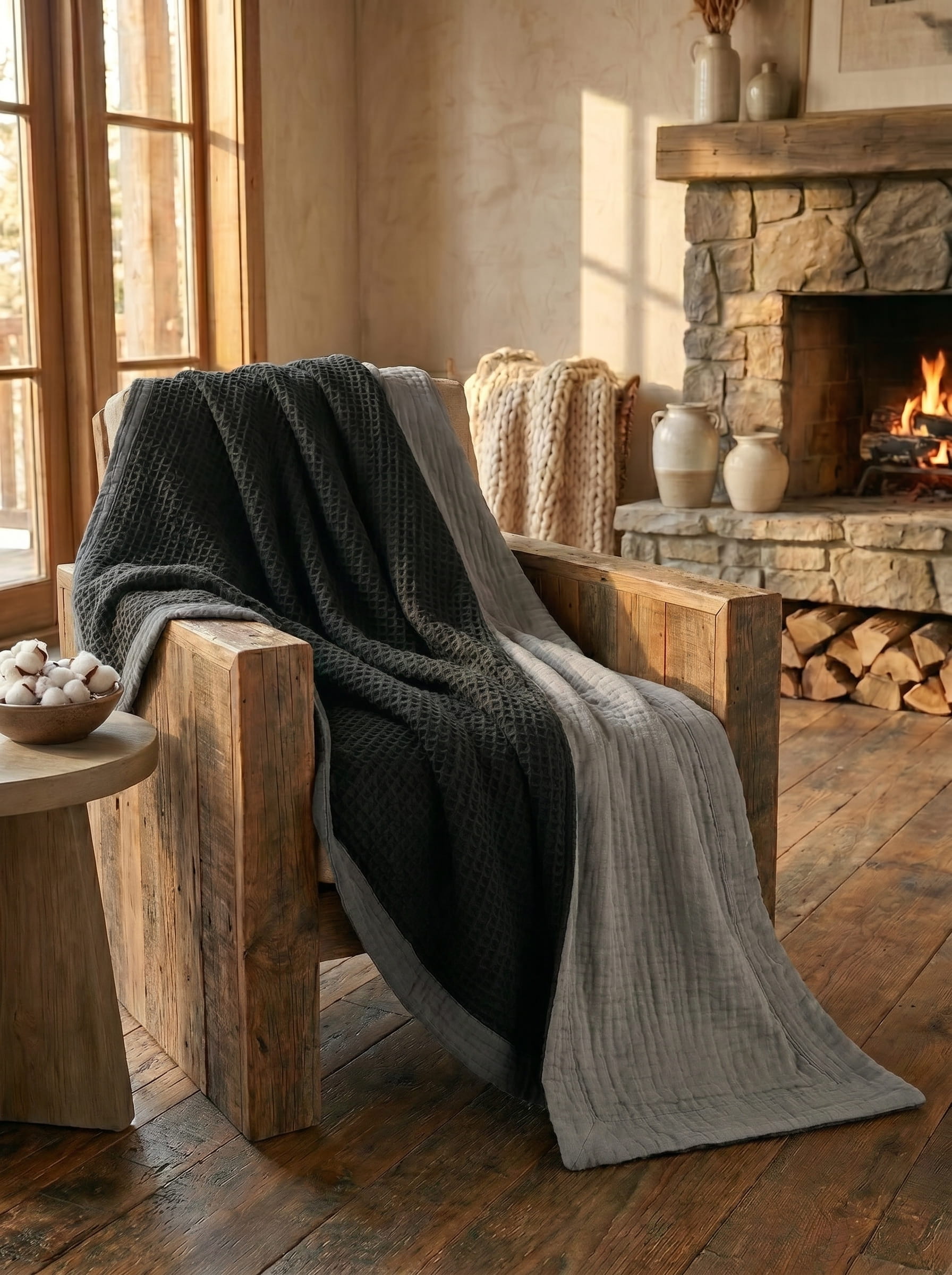 Creative Home's Black waffle weave organic cotton blanket with soft muslin backing styled on rustic wooden bench near fireplace, luxury reversible throw,BB-DesH-WaMusBlnkt-Bla-6070,BB-DesH-WaMusBlnkt-Bla-Tw,BB-DesH-WaMusBlnkt-Bla-Q,BB-DesH-WaMusBlnkt-Bla-K,BB-DesH-WaMusBlnkt-Bla-100118,BB-DesH-WaMusBlnkt-Bla-100125
