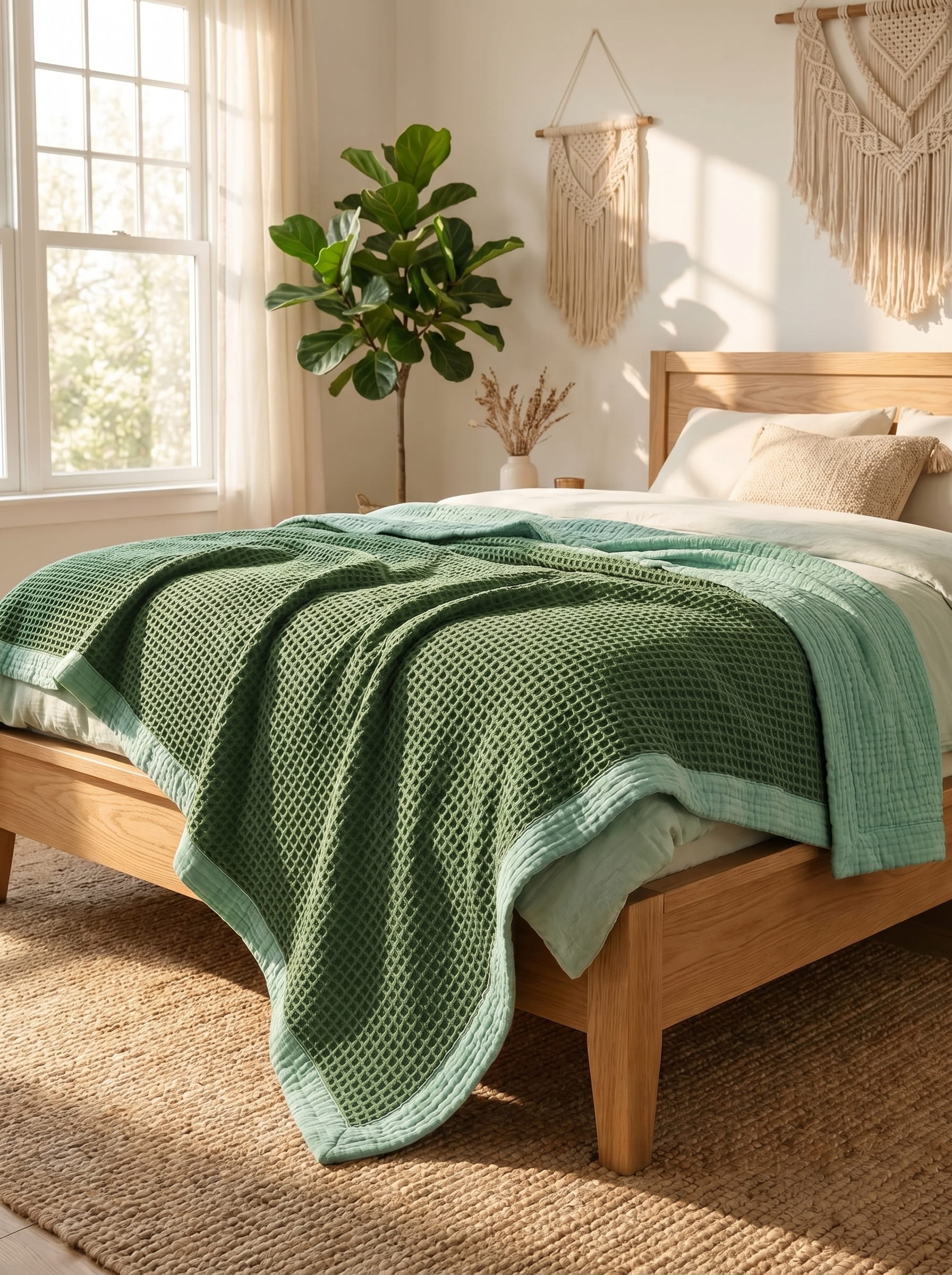 Creative Home's Green waffle and muslin organic cotton blanket layered on wooden bench, breathable 8-layer reversible luxury throw blanket,BB-DesH-WaMusBlnkt-Grn-6070,BB-DesH-WaMusBlnkt-Grn-Tw,BB-DesH-WaMusBlnkt-Grn-Q,BB-DesH-WaMusBlnkt-Grn-K,BB-DesH-WaMusBlnkt-Grn-100118,BB-DesH-WaMusBlnkt-Grn-100125