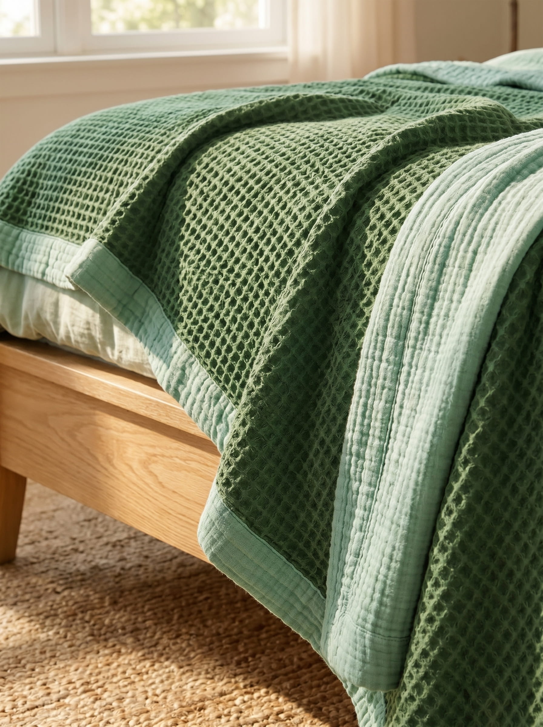 Creative Home's Green waffle and muslin organic cotton blanket layered on wooden bench, breathable 8-layer reversible luxury throw blanket,BB-DesH-WaMusBlnkt-Grn-6070,BB-DesH-WaMusBlnkt-Grn-Tw,BB-DesH-WaMusBlnkt-Grn-Q,BB-DesH-WaMusBlnkt-Grn-K,BB-DesH-WaMusBlnkt-Grn-100118,BB-DesH-WaMusBlnkt-Grn-100125