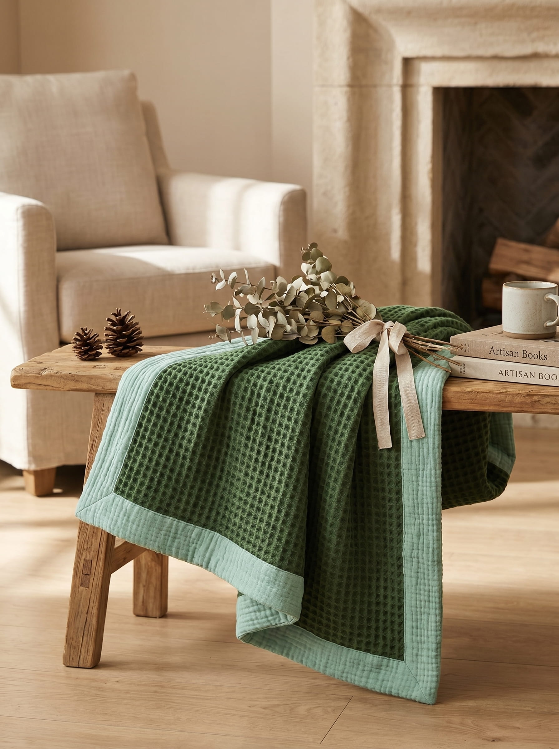 Creative Home's Green waffle and muslin organic cotton blanket layered on wooden bench, breathable 8-layer reversible luxury throw blanket,BB-DesH-WaMusBlnkt-Grn-6070,BB-DesH-WaMusBlnkt-Grn-Tw,BB-DesH-WaMusBlnkt-Grn-Q,BB-DesH-WaMusBlnkt-Grn-K,BB-DesH-WaMusBlnkt-Grn-100118,BB-DesH-WaMusBlnkt-Grn-100125