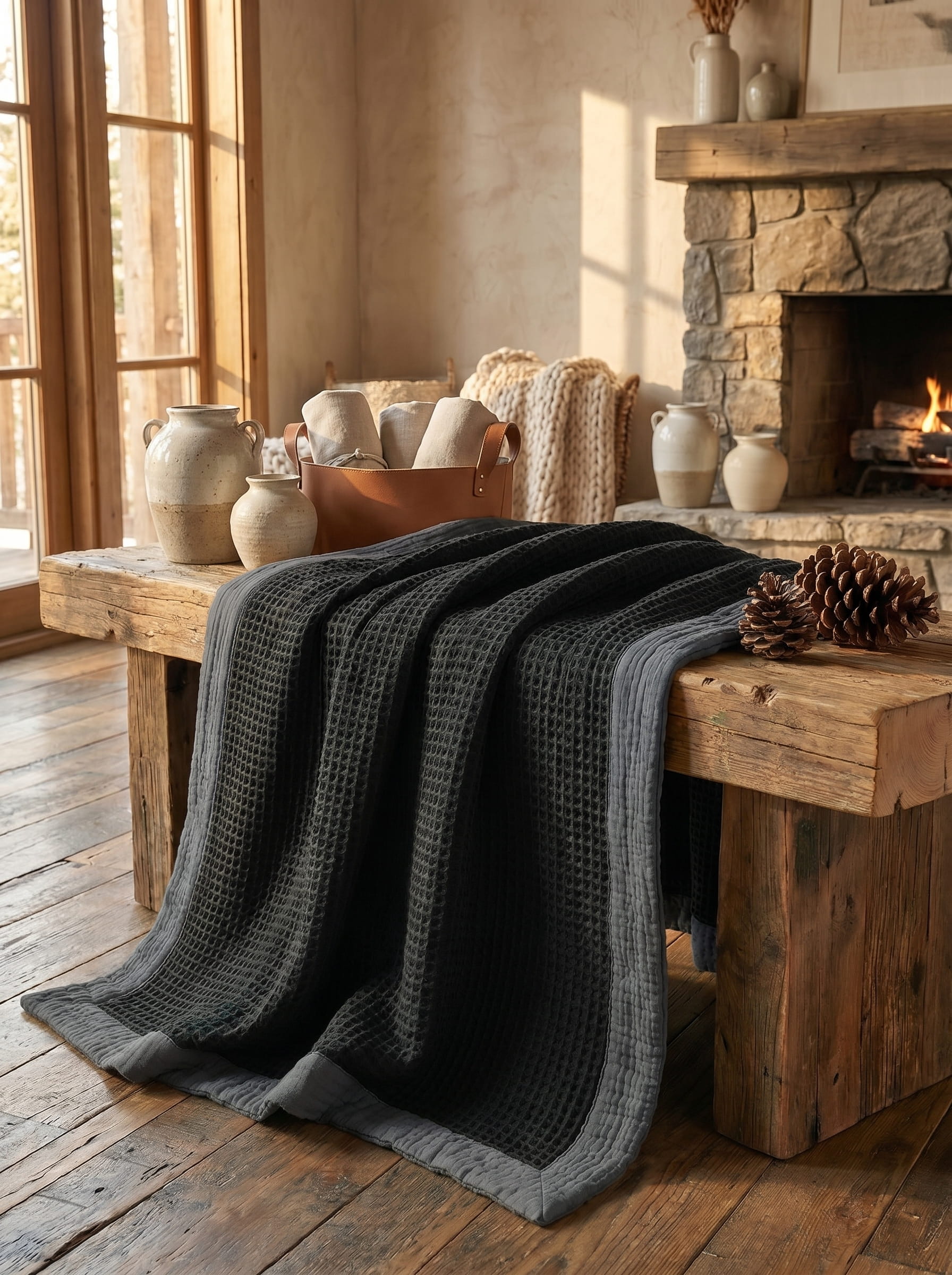 Creative Home's Black waffle weave organic cotton blanket with soft muslin backing styled on rustic wooden bench near fireplace, luxury reversible throw,BB-DesH-WaMusBlnkt-Bla-6070,BB-DesH-WaMusBlnkt-Bla-Tw,BB-DesH-WaMusBlnkt-Bla-Q,BB-DesH-WaMusBlnkt-Bla-K,BB-DesH-WaMusBlnkt-Bla-100118,BB-DesH-WaMusBlnkt-Bla-100125