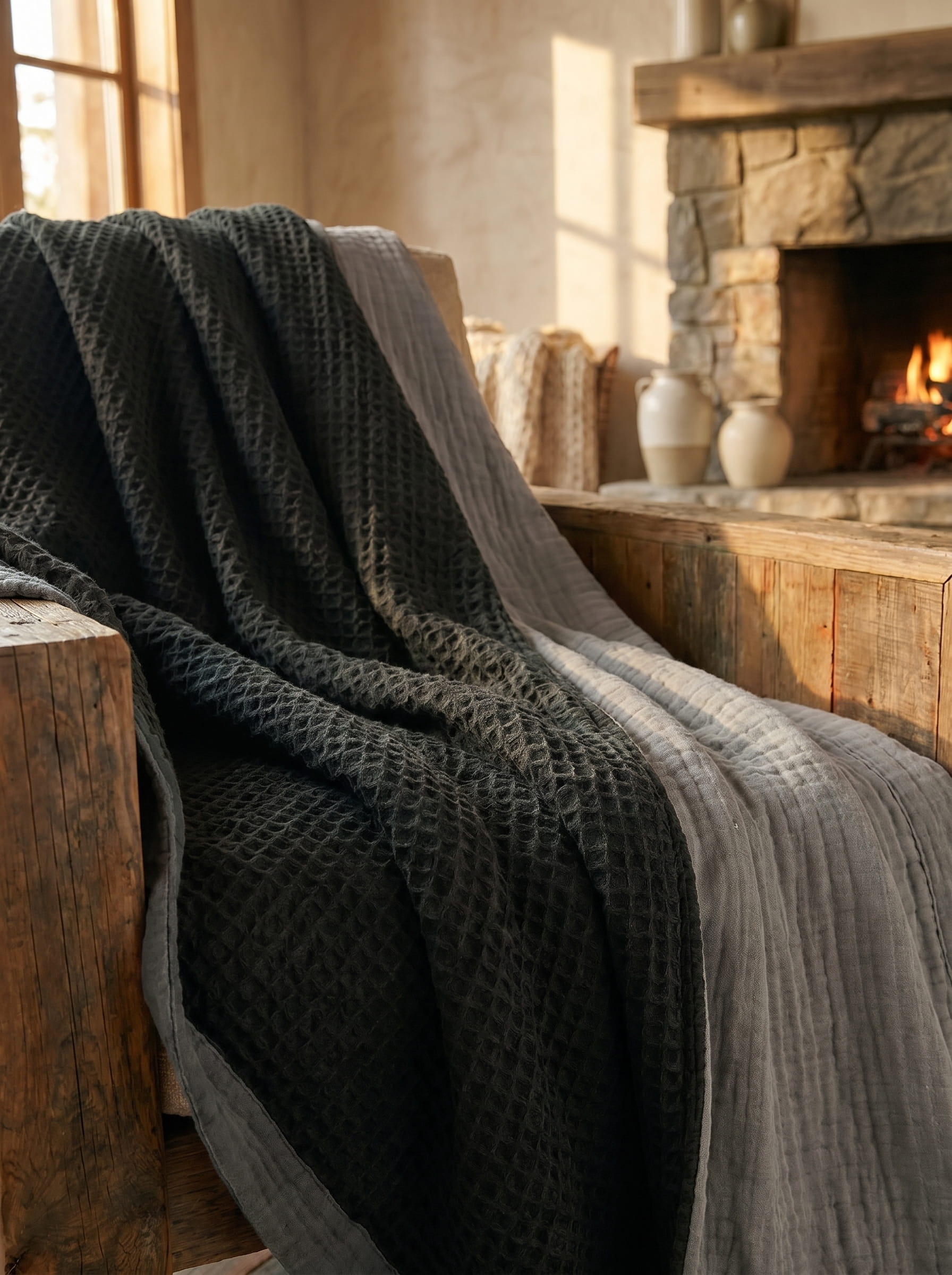 Creative Home's Black waffle weave organic cotton blanket with soft muslin backing styled on rustic wooden bench near fireplace, luxury reversible throw,BB-DesH-WaMusBlnkt-Bla-6070,BB-DesH-WaMusBlnkt-Bla-Tw,BB-DesH-WaMusBlnkt-Bla-Q,BB-DesH-WaMusBlnkt-Bla-K,BB-DesH-WaMusBlnkt-Bla-100118,BB-DesH-WaMusBlnkt-Bla-100125