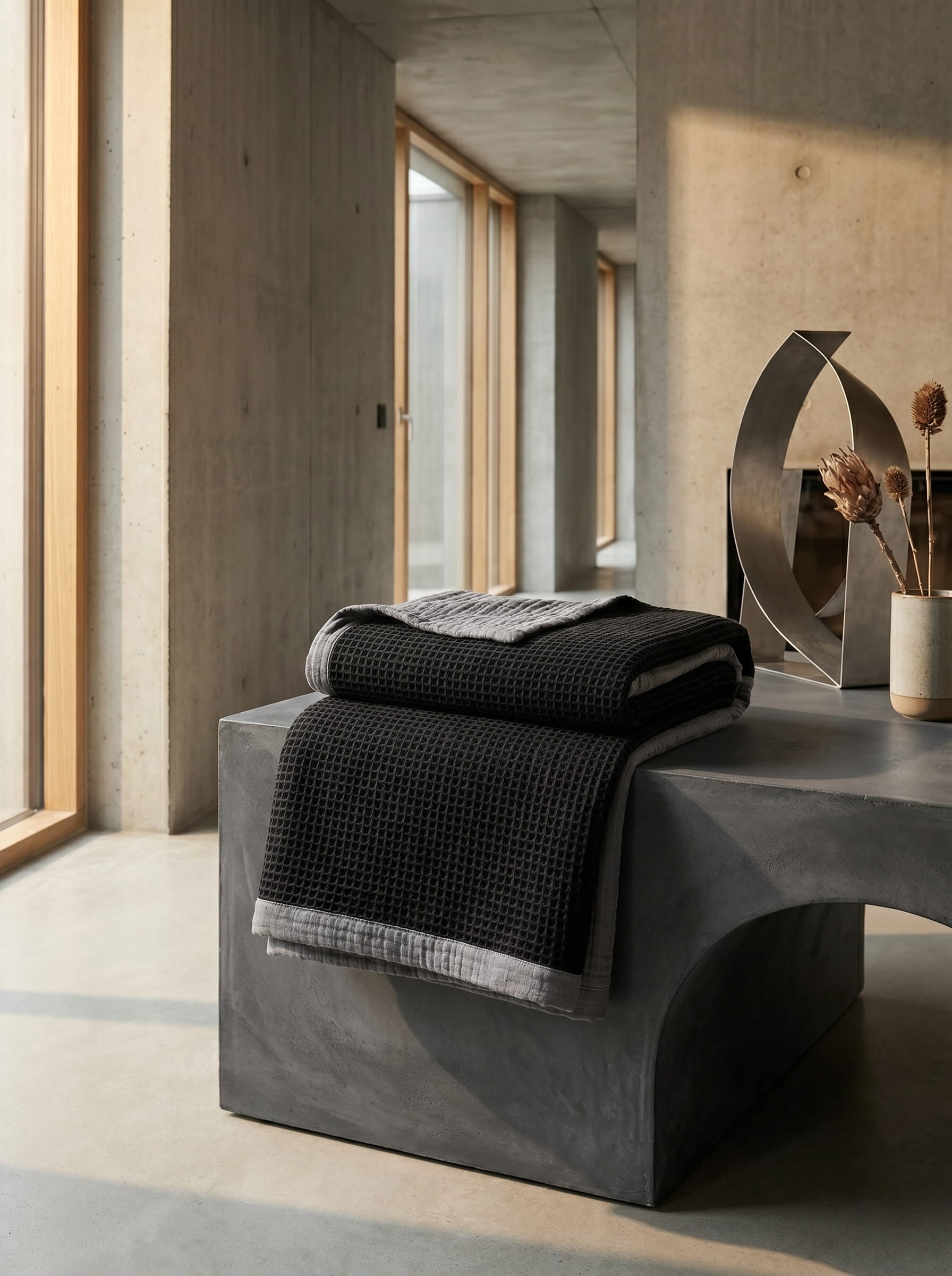 Creative Home's Black waffle weave organic cotton blanket with soft muslin backing styled on rustic wooden bench near fireplace, luxury reversible throw,BB-DesH-WaMusBlnkt-Bla-6070,BB-DesH-WaMusBlnkt-Bla-Tw,BB-DesH-WaMusBlnkt-Bla-Q,BB-DesH-WaMusBlnkt-Bla-K,BB-DesH-WaMusBlnkt-Bla-100118,BB-DesH-WaMusBlnkt-Bla-100125