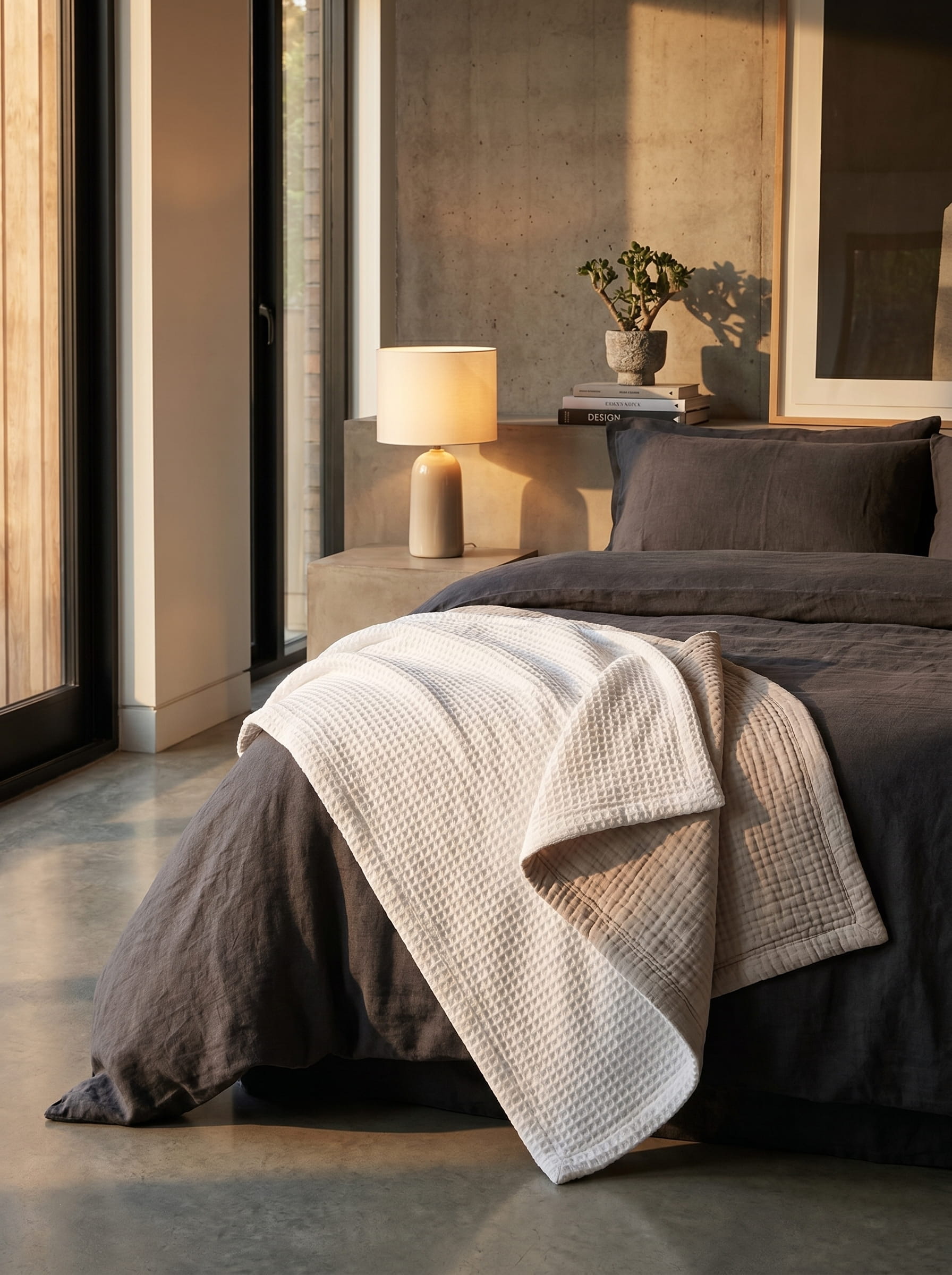 Creative Home's White waffle weave organic cotton blanket folded on bed, reversible muslin backing luxury breathable bed cover, soft breathable 8-layer reversible throw blanket, breathable reversible luxury bedspread, reversible 8-layer textured luxury throw,BB-DesH-WaMusBlnkt-Wht-6070,BB-DesH-WaMusBlnkt-Wht-Tw,BB-DesH-WaMusBlnkt-Wht-Q,BB-DesH-WaMusBlnkt-Wht-K,BB-DesH-WaMusBlnkt-Wht-100118,BB-DesH-WaMusBlnkt-Wht-100125