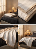 Creative Home's White waffle weave organic cotton blanket folded on bed, reversible muslin backing luxury breathable bed cover, soft breathable 8-layer reversible throw blanket, breathable reversible luxury bedspread, reversible 8-layer textured luxury throw,BB-DesH-WaMusBlnkt-Wht-6070,BB-DesH-WaMusBlnkt-Wht-Tw,BB-DesH-WaMusBlnkt-Wht-Q,BB-DesH-WaMusBlnkt-Wht-K,BB-DesH-WaMusBlnkt-Wht-100118,BB-DesH-WaMusBlnkt-Wht-100125