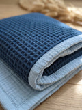 Creative Home's Blue waffle weave organic cotton blanket with soft muslin backing layered on bed, breathable reversible luxury bedspread, reversible 8-layer textured luxury throw,BB-DesH-WaMusBlnkt-Blu-6070,BB-DesH-WaMusBlnkt-Blu-Tw,BB-DesH-WaMusBlnkt-Blu-Q,BB-DesH-WaMusBlnkt-Blu-K,BB-DesH-WaMusBlnkt-Blu-100118,BB-DesH-WaMusBlnkt-Blu-100125