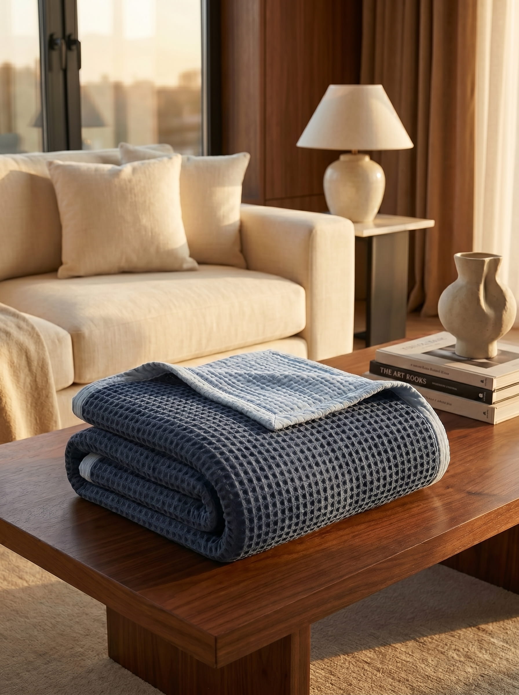 Creative Home's Blue waffle weave organic cotton blanket with soft muslin backing layered on bed, breathable reversible luxury bedspread, reversible 8-layer textured luxury throw,BB-DesH-WaMusBlnkt-Blu-6070,BB-DesH-WaMusBlnkt-Blu-Tw,BB-DesH-WaMusBlnkt-Blu-Q,BB-DesH-WaMusBlnkt-Blu-K,BB-DesH-WaMusBlnkt-Blu-100118,BB-DesH-WaMusBlnkt-Blu-100125