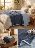 Creative Home's Blue waffle weave organic cotton blanket with soft muslin backing layered on bed, breathable reversible luxury bedspread, reversible 8-layer textured luxury throw,BB-DesH-WaMusBlnkt-Blu-6070,BB-DesH-WaMusBlnkt-Blu-Tw,BB-DesH-WaMusBlnkt-Blu-Q,BB-DesH-WaMusBlnkt-Blu-K,BB-DesH-WaMusBlnkt-Blu-100118,BB-DesH-WaMusBlnkt-Blu-100125