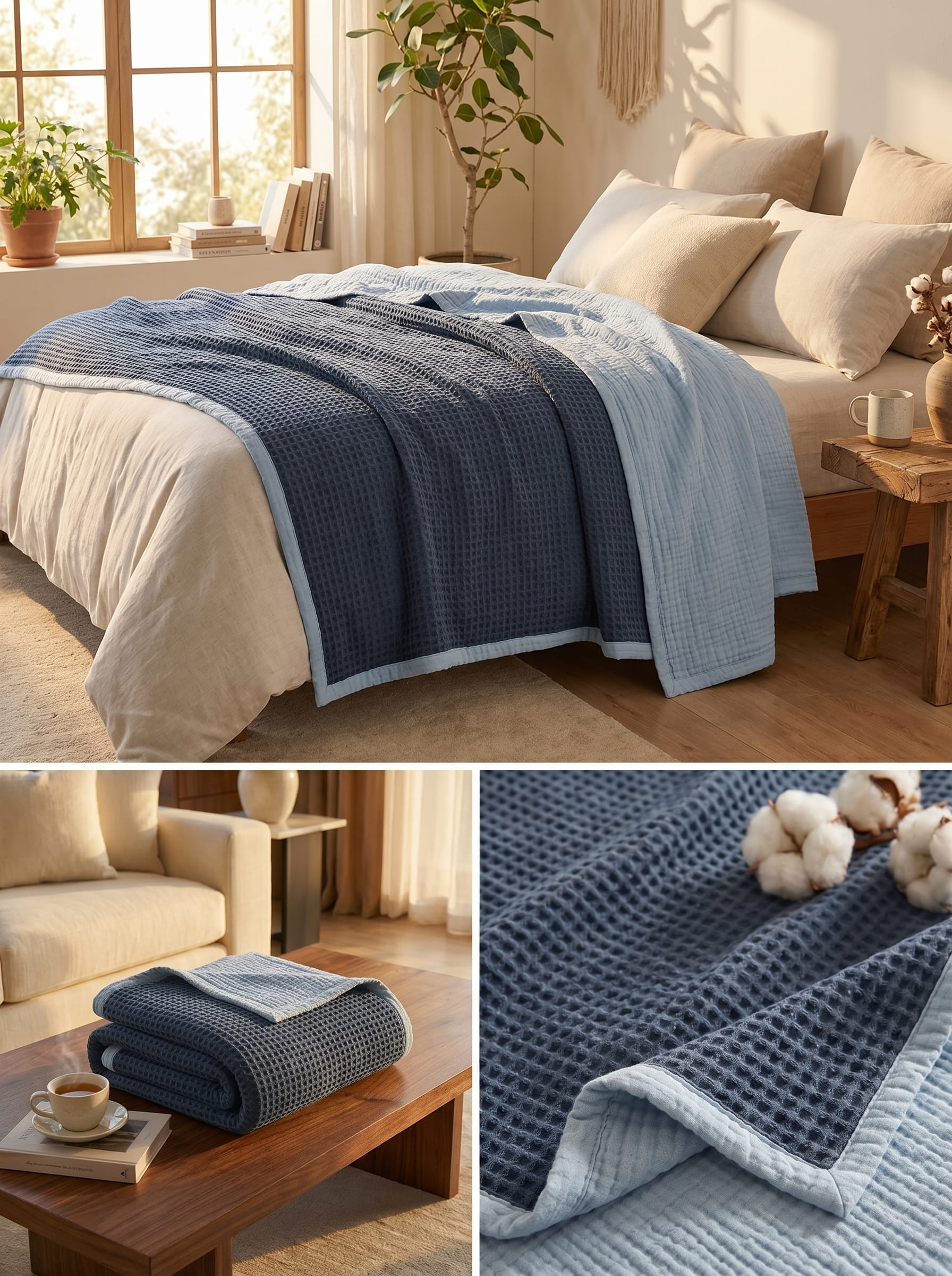 Creative Home's Blue waffle weave organic cotton blanket with soft muslin backing layered on bed, breathable reversible luxury bedspread, reversible 8-layer textured luxury throw,BB-DesH-WaMusBlnkt-Blu-6070,BB-DesH-WaMusBlnkt-Blu-Tw,BB-DesH-WaMusBlnkt-Blu-Q,BB-DesH-WaMusBlnkt-Blu-K,BB-DesH-WaMusBlnkt-Blu-100118,BB-DesH-WaMusBlnkt-Blu-100125