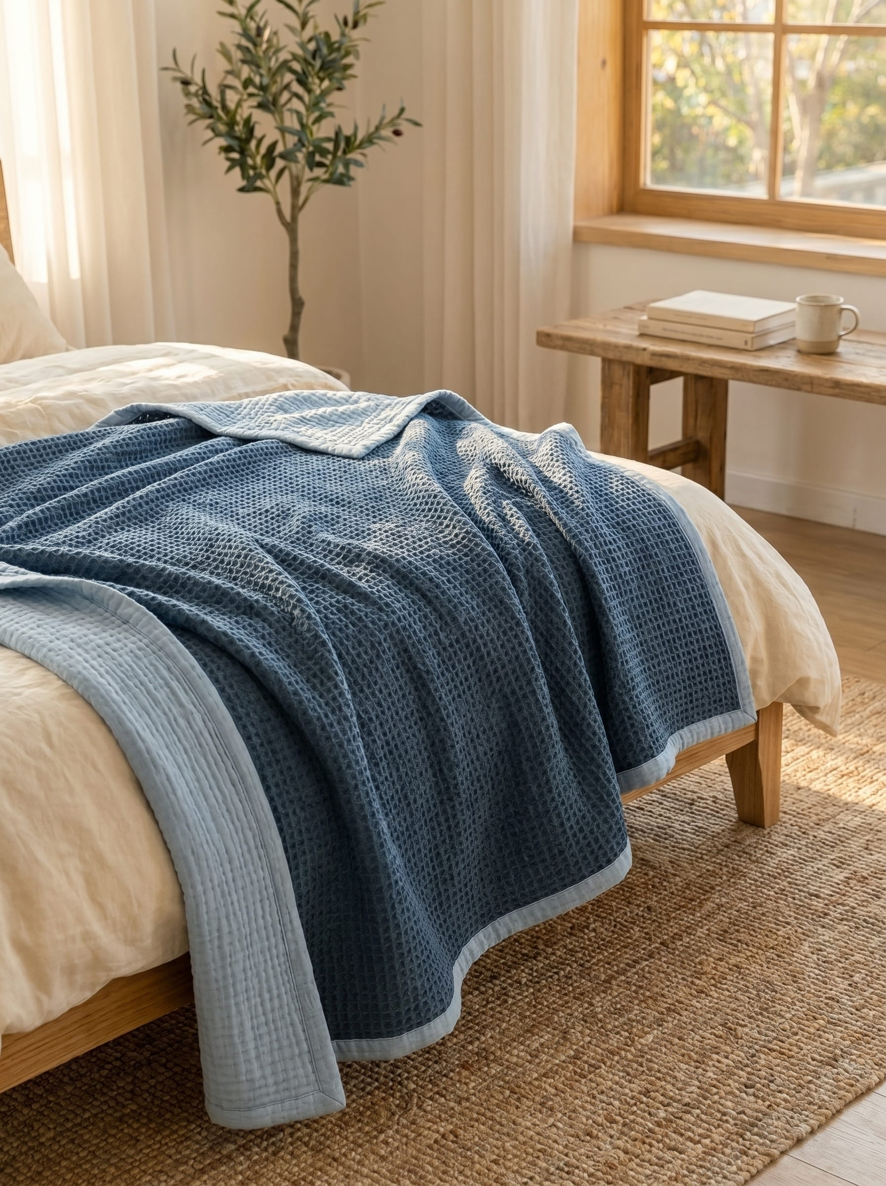 Creative Home's Blue waffle weave organic cotton blanket with soft muslin backing layered on bed, breathable reversible luxury bedspread, reversible 8-layer textured luxury throw,BB-DesH-WaMusBlnkt-Blu-6070,BB-DesH-WaMusBlnkt-Blu-Tw,BB-DesH-WaMusBlnkt-Blu-Q,BB-DesH-WaMusBlnkt-Blu-K,BB-DesH-WaMusBlnkt-Blu-100118,BB-DesH-WaMusBlnkt-Blu-100125