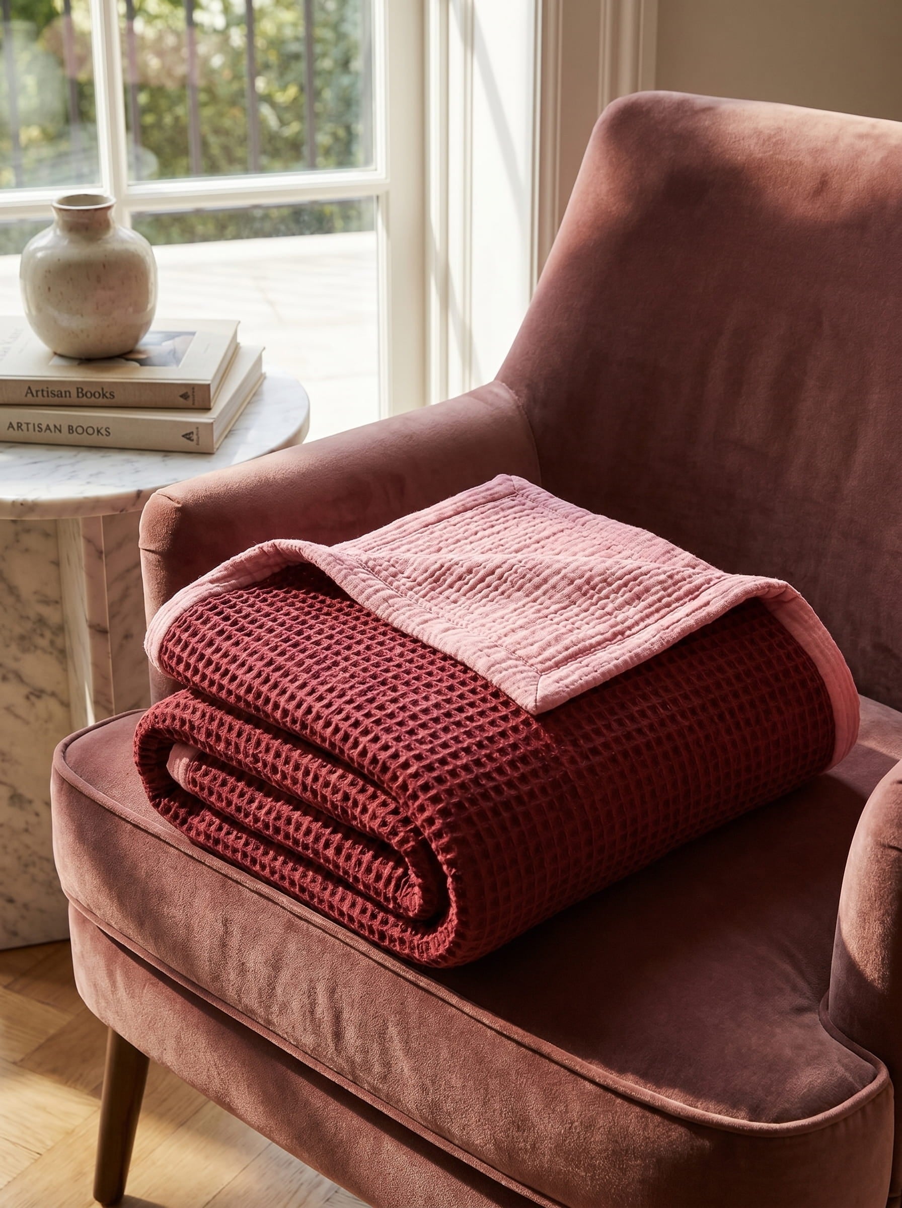 Creative Home's Burgundy waffle and Rose muslin organic cotton blanket draped over armchair, reversible 8-layer textured luxury throw,BB-DesH-WaMusBlnkt-Bgndy-6070,BB-DesH-WaMusBlnkt-Bgndy-Tw,BB-DesH-WaMusBlnkt-Bgndy-Q,BB-DesH-WaMusBlnkt-Bgndy-K,BB-DesH-WaMusBlnkt-Bgndy-100118,BB-DesH-WaMusBlnkt-Bgndy-100125