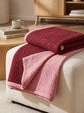 Creative Home's Burgundy waffle and Rose muslin organic cotton blanket draped over armchair, reversible 8-layer textured luxury throw,BB-DesH-WaMusBlnkt-Bgndy-6070,BB-DesH-WaMusBlnkt-Bgndy-Tw,BB-DesH-WaMusBlnkt-Bgndy-Q,BB-DesH-WaMusBlnkt-Bgndy-K,BB-DesH-WaMusBlnkt-Bgndy-100118,BB-DesH-WaMusBlnkt-Bgndy-100125