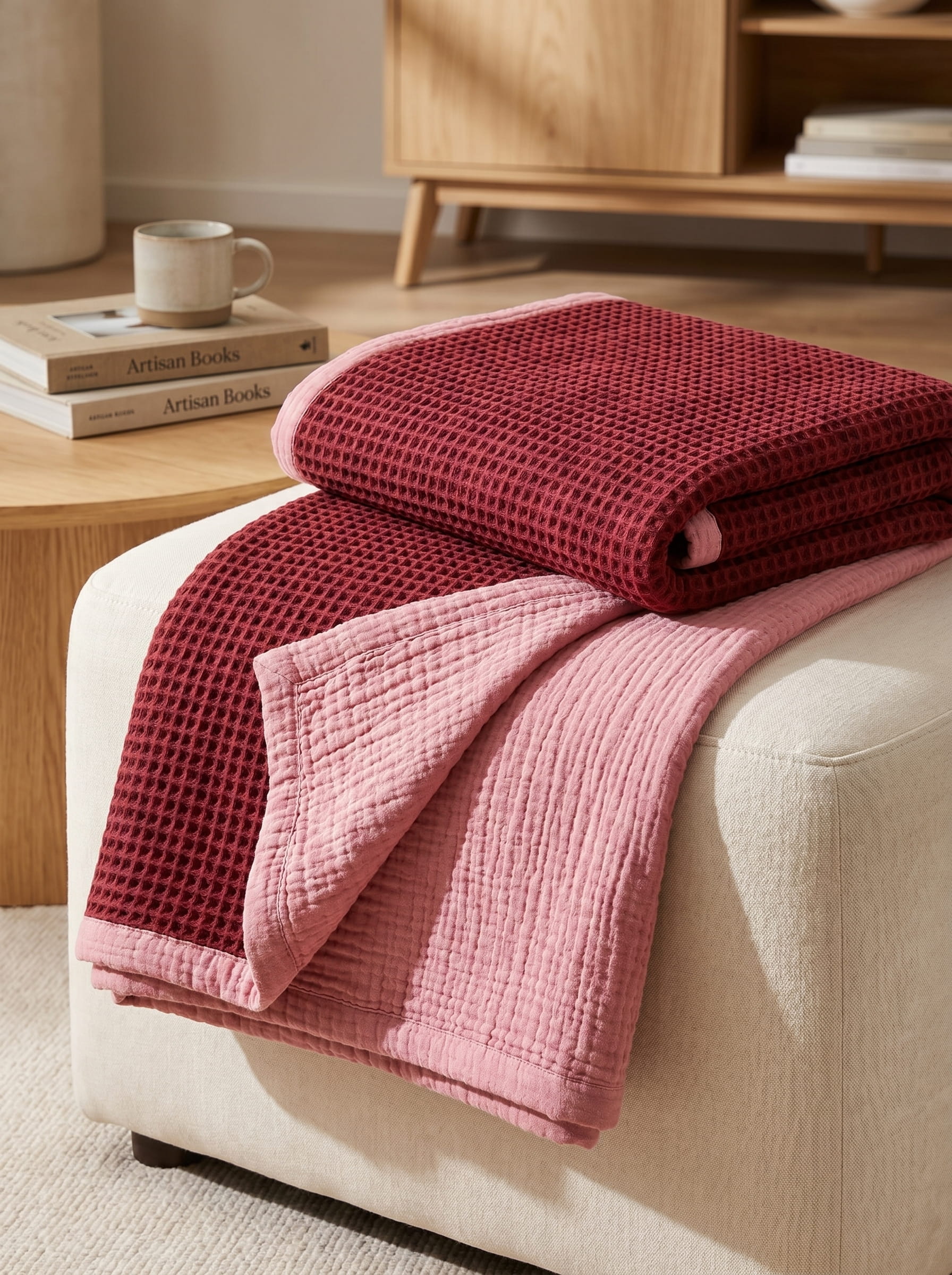 Creative Home's Burgundy waffle and Rose muslin organic cotton blanket draped over armchair, reversible 8-layer textured luxury throw,BB-DesH-WaMusBlnkt-Bgndy-6070,BB-DesH-WaMusBlnkt-Bgndy-Tw,BB-DesH-WaMusBlnkt-Bgndy-Q,BB-DesH-WaMusBlnkt-Bgndy-K,BB-DesH-WaMusBlnkt-Bgndy-100118,BB-DesH-WaMusBlnkt-Bgndy-100125