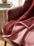Creative Home's Burgundy waffle and Rose muslin organic cotton blanket draped over armchair, reversible 8-layer textured luxury throw,BB-DesH-WaMusBlnkt-Bgndy-6070,BB-DesH-WaMusBlnkt-Bgndy-Tw,BB-DesH-WaMusBlnkt-Bgndy-Q,BB-DesH-WaMusBlnkt-Bgndy-K,BB-DesH-WaMusBlnkt-Bgndy-100118,BB-DesH-WaMusBlnkt-Bgndy-100125