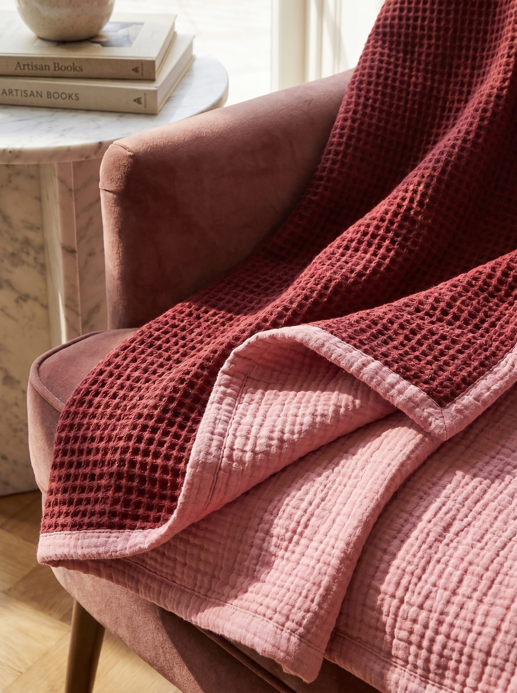 Creative Home's Burgundy waffle and Rose muslin organic cotton blanket draped over armchair, reversible 8-layer textured luxury throw,BB-DesH-WaMusBlnkt-Bgndy-6070,BB-DesH-WaMusBlnkt-Bgndy-Tw,BB-DesH-WaMusBlnkt-Bgndy-Q,BB-DesH-WaMusBlnkt-Bgndy-K,BB-DesH-WaMusBlnkt-Bgndy-100118,BB-DesH-WaMusBlnkt-Bgndy-100125
