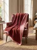 Creative Home's Burgundy waffle and Rose muslin organic cotton blanket draped over armchair, reversible 8-layer textured luxury throw,BB-DesH-WaMusBlnkt-Bgndy-6070,BB-DesH-WaMusBlnkt-Bgndy-Tw,BB-DesH-WaMusBlnkt-Bgndy-Q,BB-DesH-WaMusBlnkt-Bgndy-K,BB-DesH-WaMusBlnkt-Bgndy-100118,BB-DesH-WaMusBlnkt-Bgndy-100125