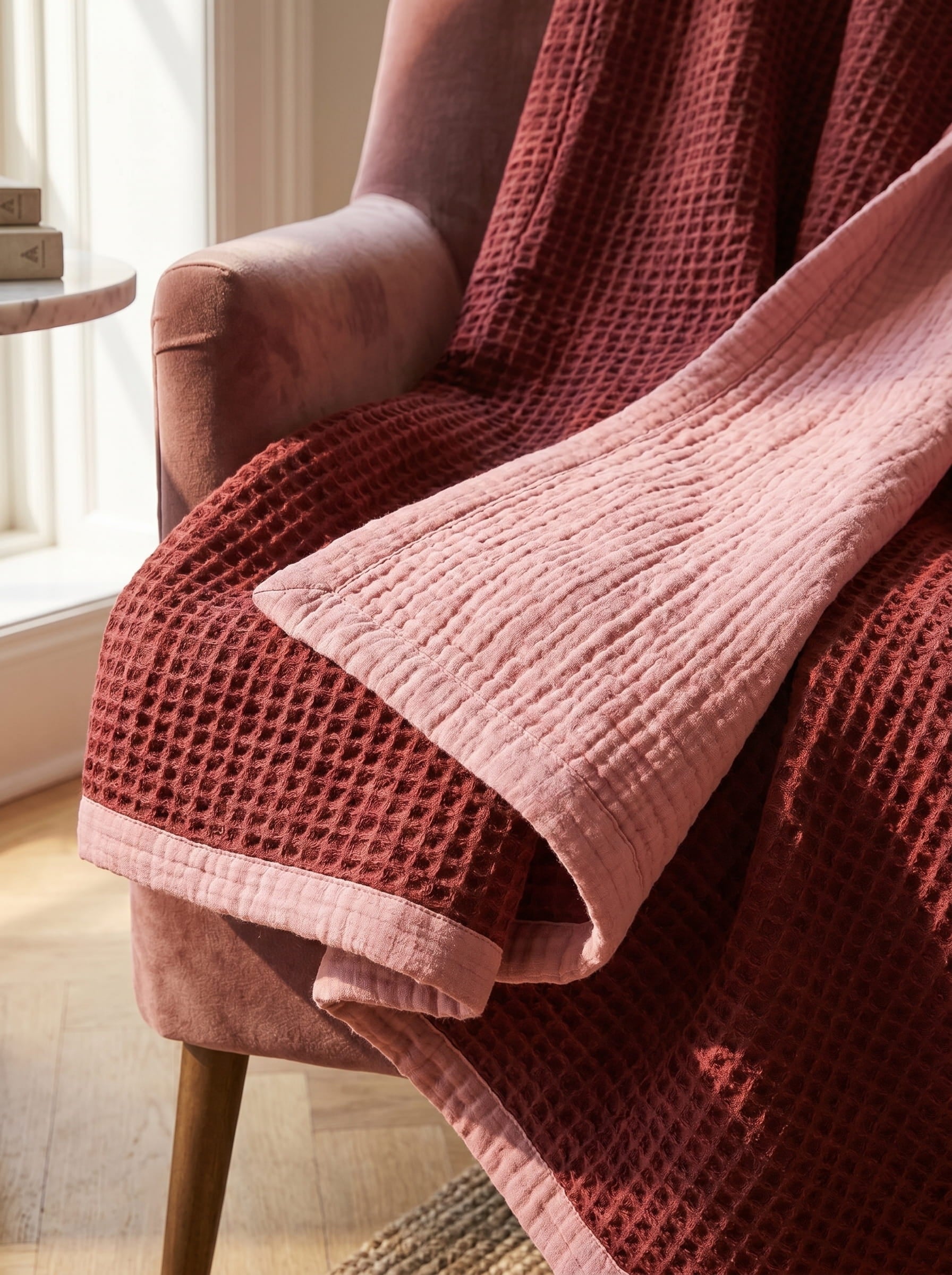 Creative Home's Burgundy waffle and Rose muslin organic cotton blanket draped over armchair, reversible 8-layer textured luxury throw,BB-DesH-WaMusBlnkt-Bgndy-6070,BB-DesH-WaMusBlnkt-Bgndy-Tw,BB-DesH-WaMusBlnkt-Bgndy-Q,BB-DesH-WaMusBlnkt-Bgndy-K,BB-DesH-WaMusBlnkt-Bgndy-100118,BB-DesH-WaMusBlnkt-Bgndy-100125
