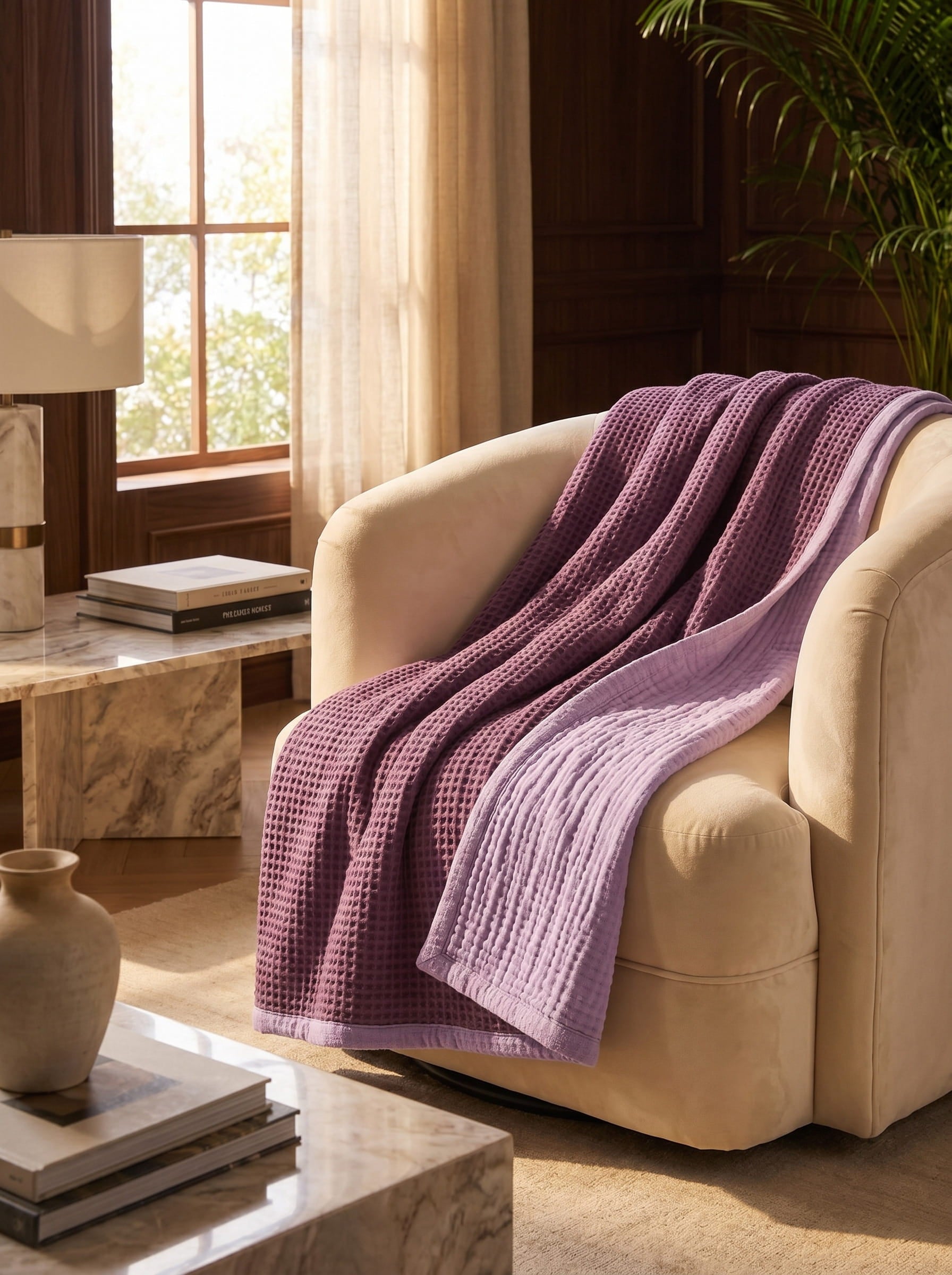 Creative Home's Purple waffle and Damson muslin organic cotton blanket styled on sofa, soft breathable 8-layer reversible throw blanket, breathable reversible luxury bedspread, reversible 8-layer textured luxury throw,BB-DesH-WaMusBlnkt-Dmsn-6070,BB-DesH-WaMusBlnkt-Dmsn-Tw,BB-DesH-WaMusBlnkt-Dmsn-Q,BB-DesH-WaMusBlnkt-Dmsn-K,BB-DesH-WaMusBlnkt-Dmsn-100118,BB-DesH-WaMusBlnkt-Dmsn-100125