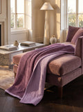 Creative Home's Purple waffle and Damson muslin organic cotton blanket styled on sofa, soft breathable 8-layer reversible throw blanket, breathable reversible luxury bedspread, reversible 8-layer textured luxury throw,BB-DesH-WaMusBlnkt-Dmsn-6070,BB-DesH-WaMusBlnkt-Dmsn-Tw,BB-DesH-WaMusBlnkt-Dmsn-Q,BB-DesH-WaMusBlnkt-Dmsn-K,BB-DesH-WaMusBlnkt-Dmsn-100118,BB-DesH-WaMusBlnkt-Dmsn-100125