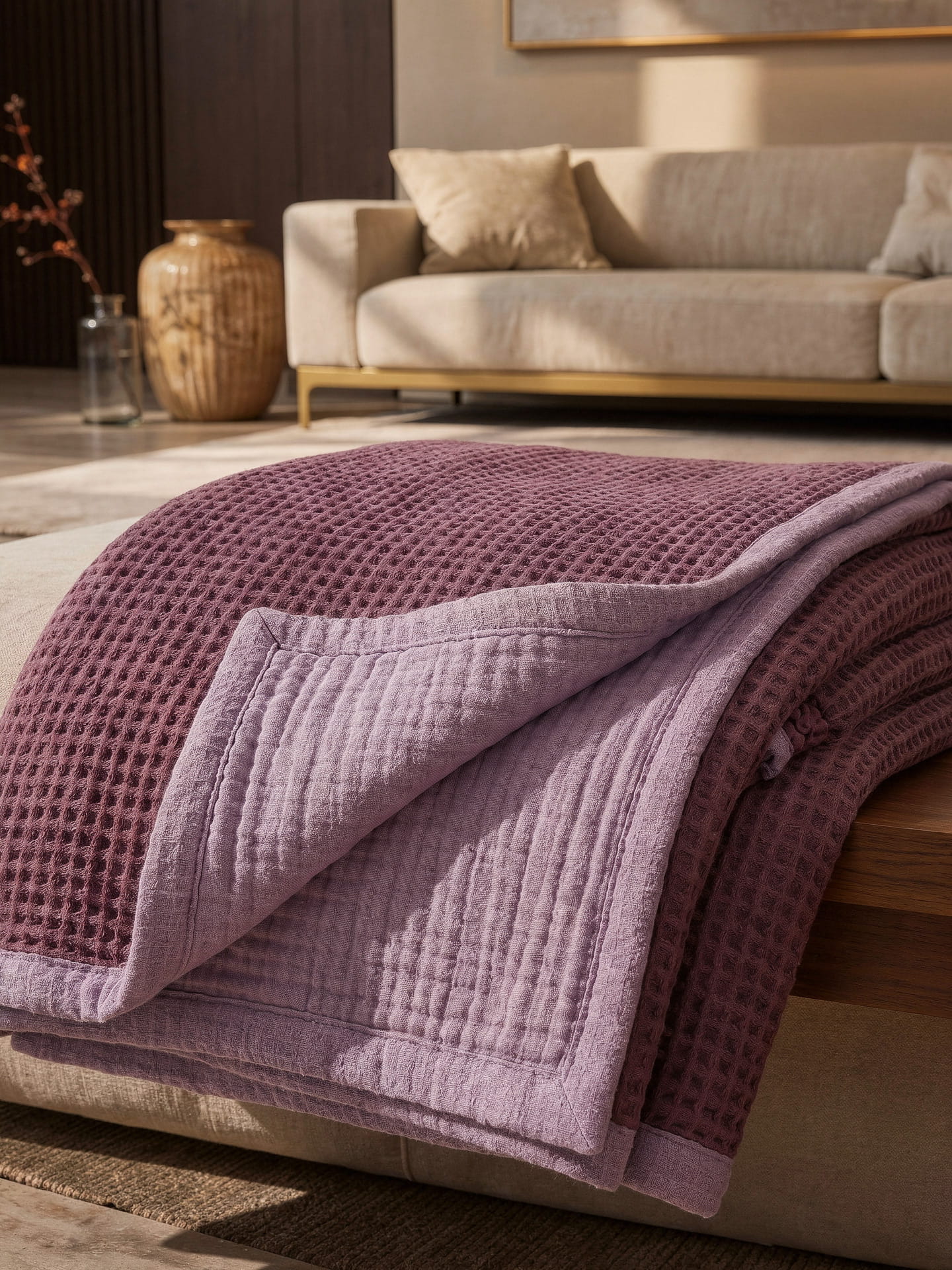 Creative Home's Purple waffle and Damson muslin organic cotton blanket styled on sofa, soft breathable 8-layer reversible throw blanket, breathable reversible luxury bedspread, reversible 8-layer textured luxury throw,BB-DesH-WaMusBlnkt-Dmsn-6070,BB-DesH-WaMusBlnkt-Dmsn-Tw,BB-DesH-WaMusBlnkt-Dmsn-Q,BB-DesH-WaMusBlnkt-Dmsn-K,BB-DesH-WaMusBlnkt-Dmsn-100118,BB-DesH-WaMusBlnkt-Dmsn-100125