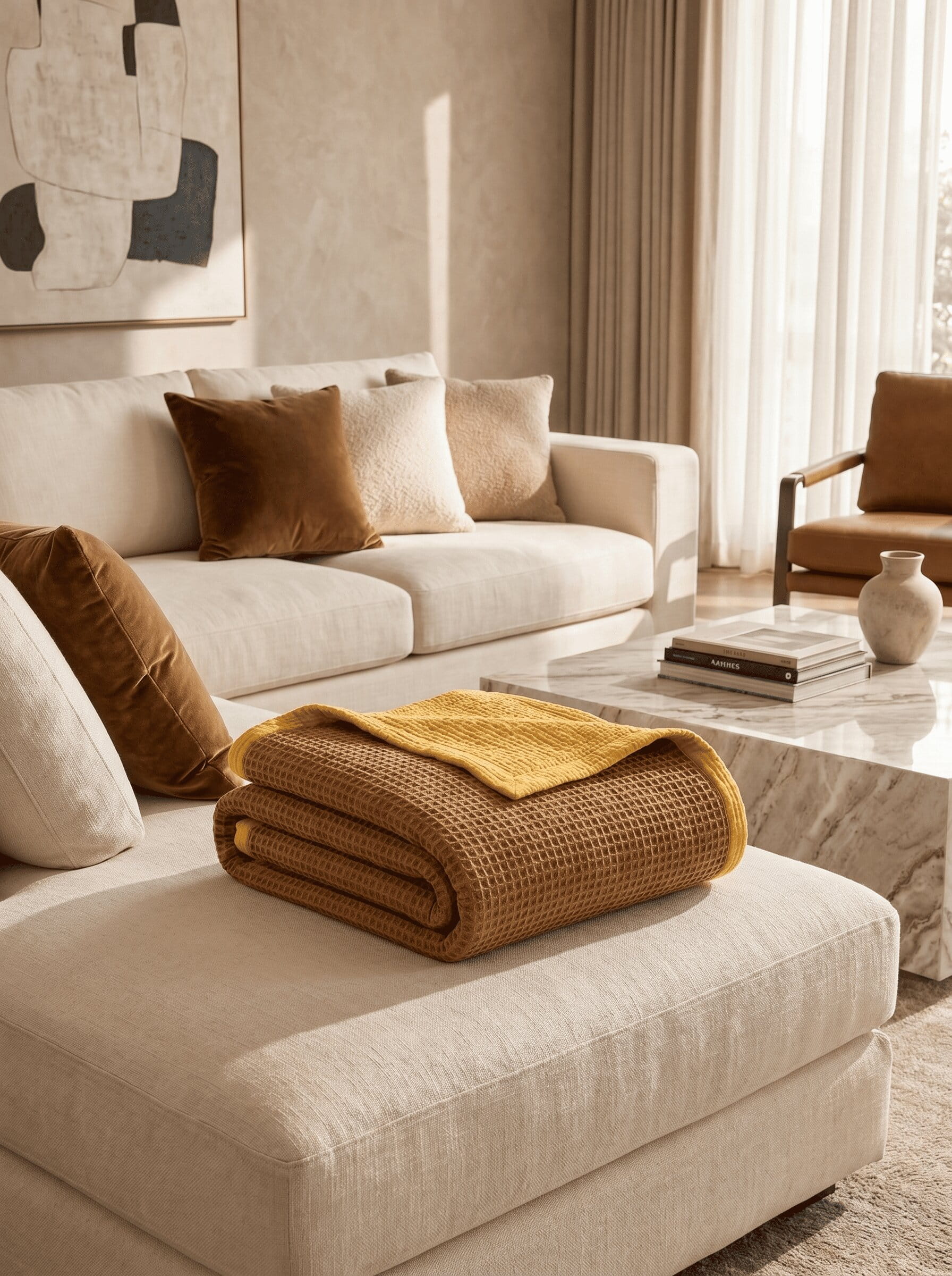 Creative Home's Luxury 8-layer waffle and muslin blanket in warm beige and mustard tones draped on bed, organic cotton textured reversible bedspread,BB-DesH-WaMusBlnkt-Mus-6070,BB-DesH-WaMusBlnkt-Mus-Tw,BB-DesH-WaMusBlnkt-Mus-Q,BB-DesH-WaMusBlnkt-Mus-K,BB-DesH-WaMusBlnkt-Mus-100118,BB-DesH-WaMusBlnkt-Mus-100125