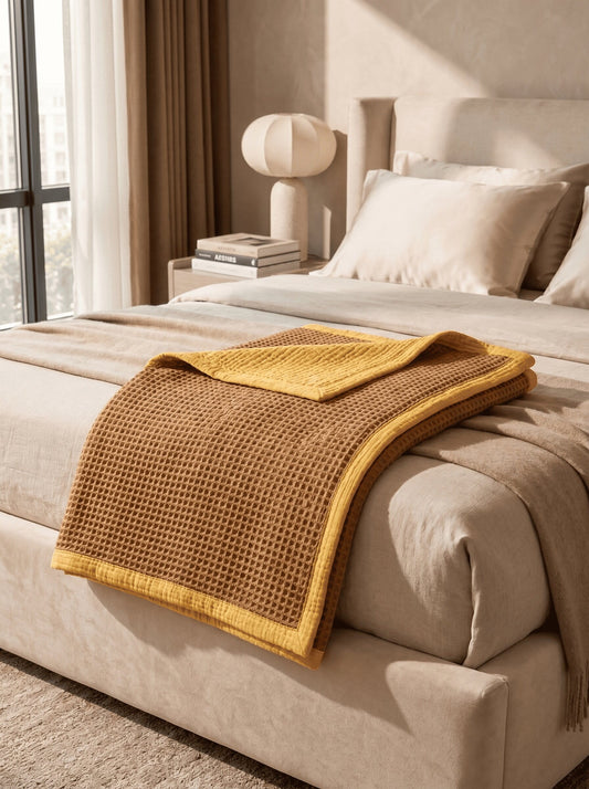 Creative Home's Luxury 8-layer waffle and muslin blanket in warm beige and mustard tones draped on bed, organic cotton textured reversible bedspread,BB-DesH-WaMusBlnkt-Mus-6070,BB-DesH-WaMusBlnkt-Mus-Tw,BB-DesH-WaMusBlnkt-Mus-Q,BB-DesH-WaMusBlnkt-Mus-K,BB-DesH-WaMusBlnkt-Mus-100118,BB-DesH-WaMusBlnkt-Mus-100125