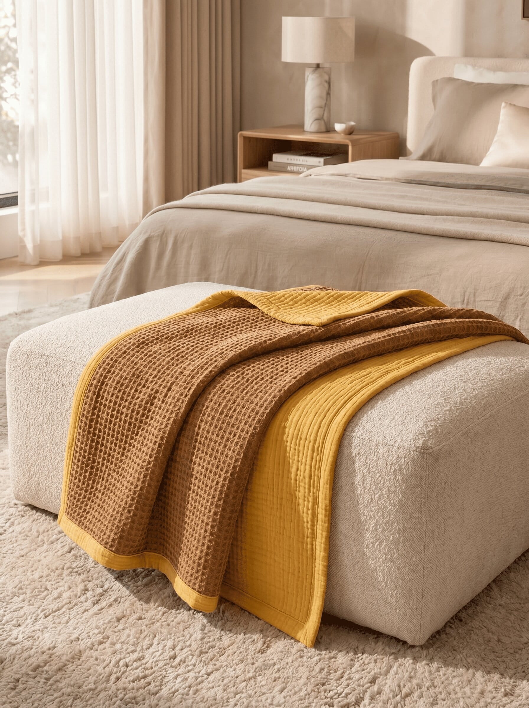 Creative Home's Luxury 8-layer waffle and muslin blanket in warm beige and mustard tones draped on bed, organic cotton textured reversible bedspread,BB-DesH-WaMusBlnkt-Mus-6070,BB-DesH-WaMusBlnkt-Mus-Tw,BB-DesH-WaMusBlnkt-Mus-Q,BB-DesH-WaMusBlnkt-Mus-K,BB-DesH-WaMusBlnkt-Mus-100118,BB-DesH-WaMusBlnkt-Mus-100125