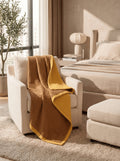 Creative Home's Luxury 8-layer waffle and muslin blanket in warm beige and mustard tones draped on bed, organic cotton textured reversible bedspread,BB-DesH-WaMusBlnkt-Mus-6070,BB-DesH-WaMusBlnkt-Mus-Tw,BB-DesH-WaMusBlnkt-Mus-Q,BB-DesH-WaMusBlnkt-Mus-K,BB-DesH-WaMusBlnkt-Mus-100118,BB-DesH-WaMusBlnkt-Mus-100125