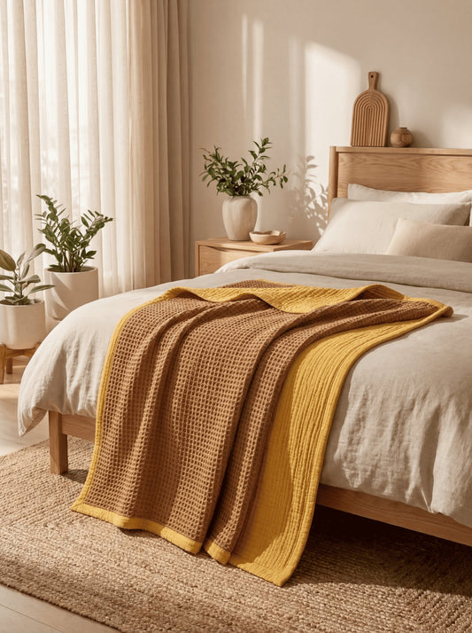 Creative Home's Luxury 8-layer waffle and muslin blanket in warm beige and mustard tones draped on bed, organic cotton textured reversible bedspread,BB-DesH-WaMusBlnkt-Mus-6070,BB-DesH-WaMusBlnkt-Mus-Tw,BB-DesH-WaMusBlnkt-Mus-Q,BB-DesH-WaMusBlnkt-Mus-K,BB-DesH-WaMusBlnkt-Mus-100118,BB-DesH-WaMusBlnkt-Mus-100125