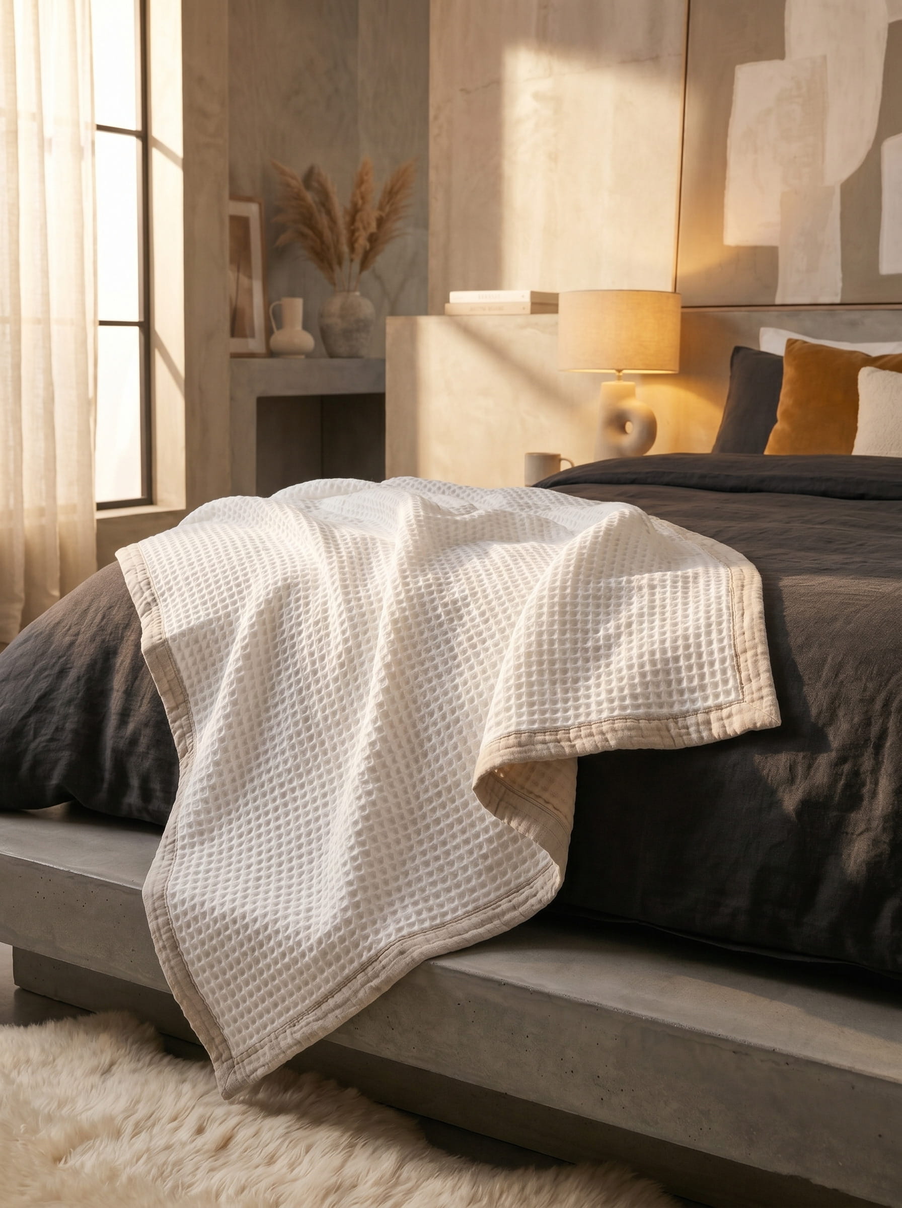 Creative Home's White waffle weave organic cotton blanket folded on bed, reversible muslin backing luxury breathable bed cover, soft breathable 8-layer reversible throw blanket, breathable reversible luxury bedspread, reversible 8-layer textured luxury throw,BB-DesH-WaMusBlnkt-Wht-6070,BB-DesH-WaMusBlnkt-Wht-Tw,BB-DesH-WaMusBlnkt-Wht-Q,BB-DesH-WaMusBlnkt-Wht-K,BB-DesH-WaMusBlnkt-Wht-100118,BB-DesH-WaMusBlnkt-Wht-100125
