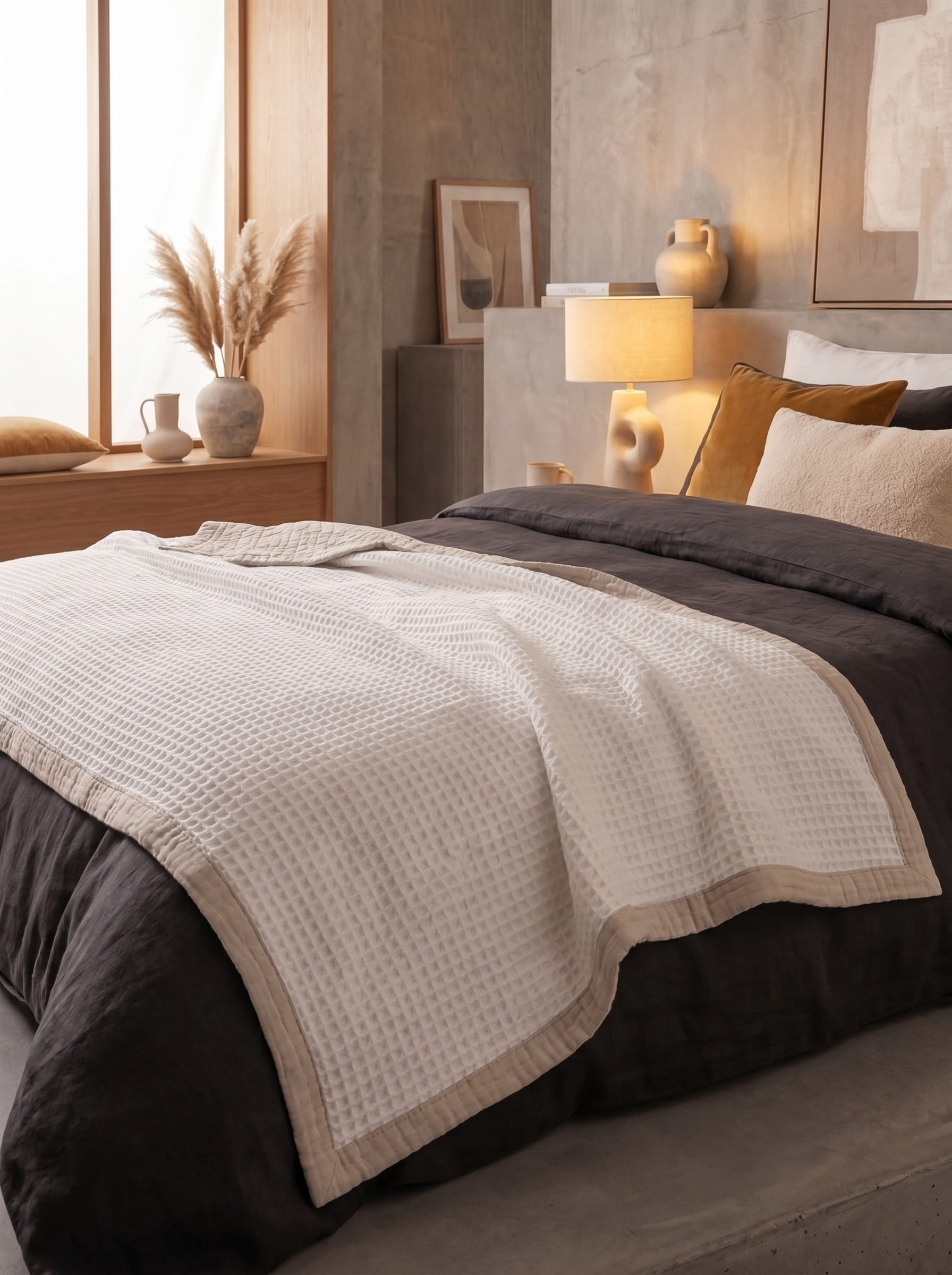Creative Home's White waffle weave organic cotton blanket folded on bed, reversible muslin backing luxury breathable bed cover, soft breathable 8-layer reversible throw blanket, breathable reversible luxury bedspread, reversible 8-layer textured luxury throw,BB-DesH-WaMusBlnkt-Wht-6070,BB-DesH-WaMusBlnkt-Wht-Tw,BB-DesH-WaMusBlnkt-Wht-Q,BB-DesH-WaMusBlnkt-Wht-K,BB-DesH-WaMusBlnkt-Wht-100118,BB-DesH-WaMusBlnkt-Wht-100125