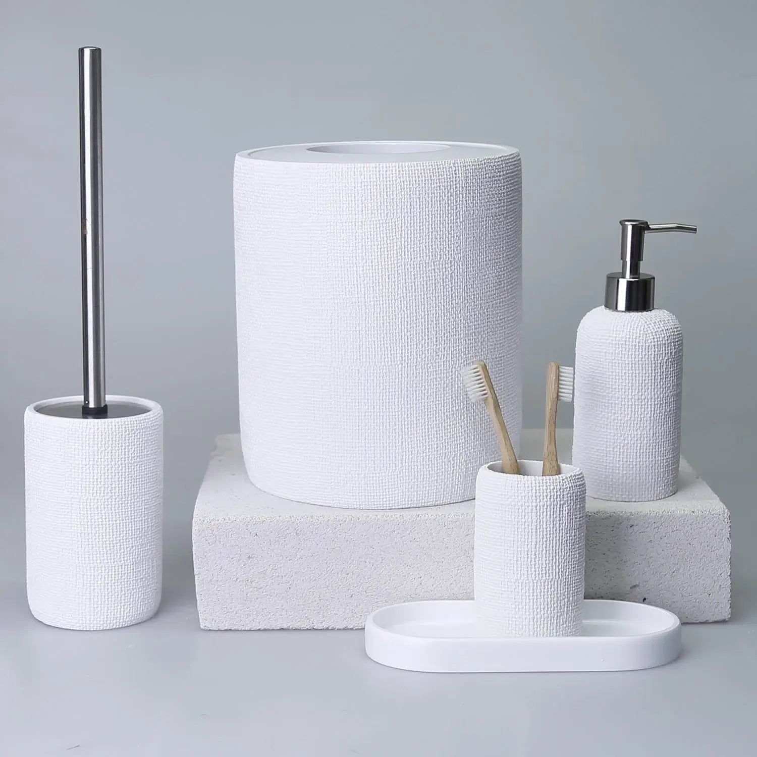 Ebru White Color 5 Piece Bathroom Accessory Set, Luxury Resin Modern Bath Decor by Creative Home,BAS-SLM-EBRU-W