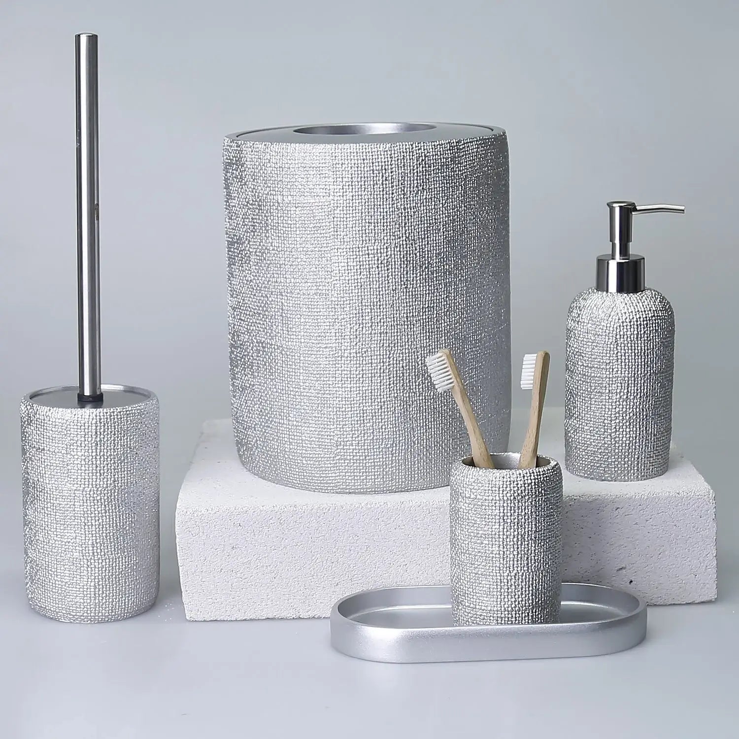 Ebru Silver Color 5 Piece Bathroom Accessory Set, Luxury Resin Modern Bath Decor by Creative Home,BAS-SLM-EBRU-Si