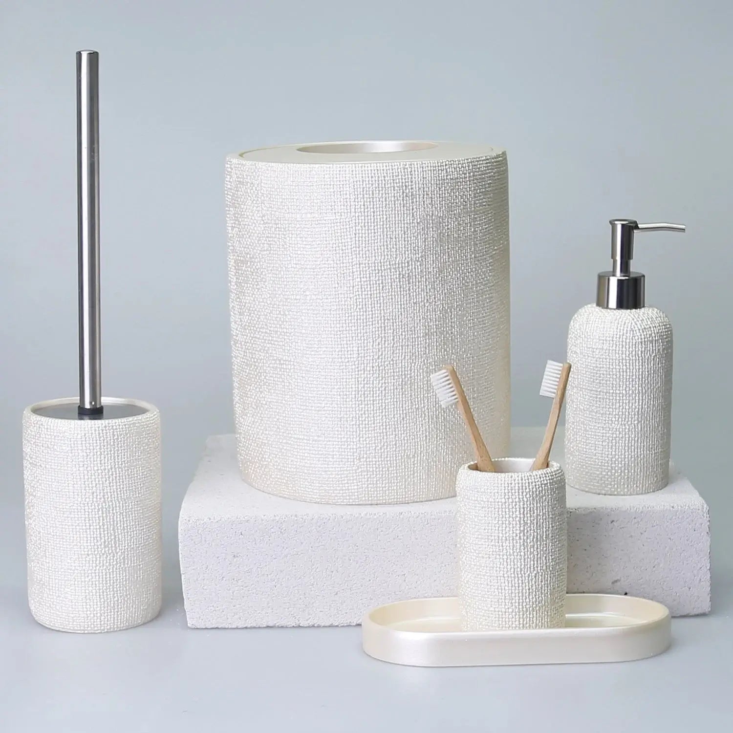 Ebru Pearl Color 5 Piece Bathroom Accessory Set, Luxury Resin Modern Bath Decor by Creative Home,BAS-SLM-EBRU-Pe