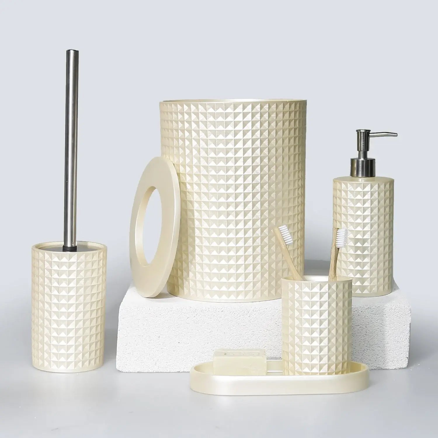 Dora Pearl Color 5 Piece Bathroom Accessory Set, Luxury Resin Tufted Bath Decor by Creative Home,BAS-SLM-DORA-Pe
