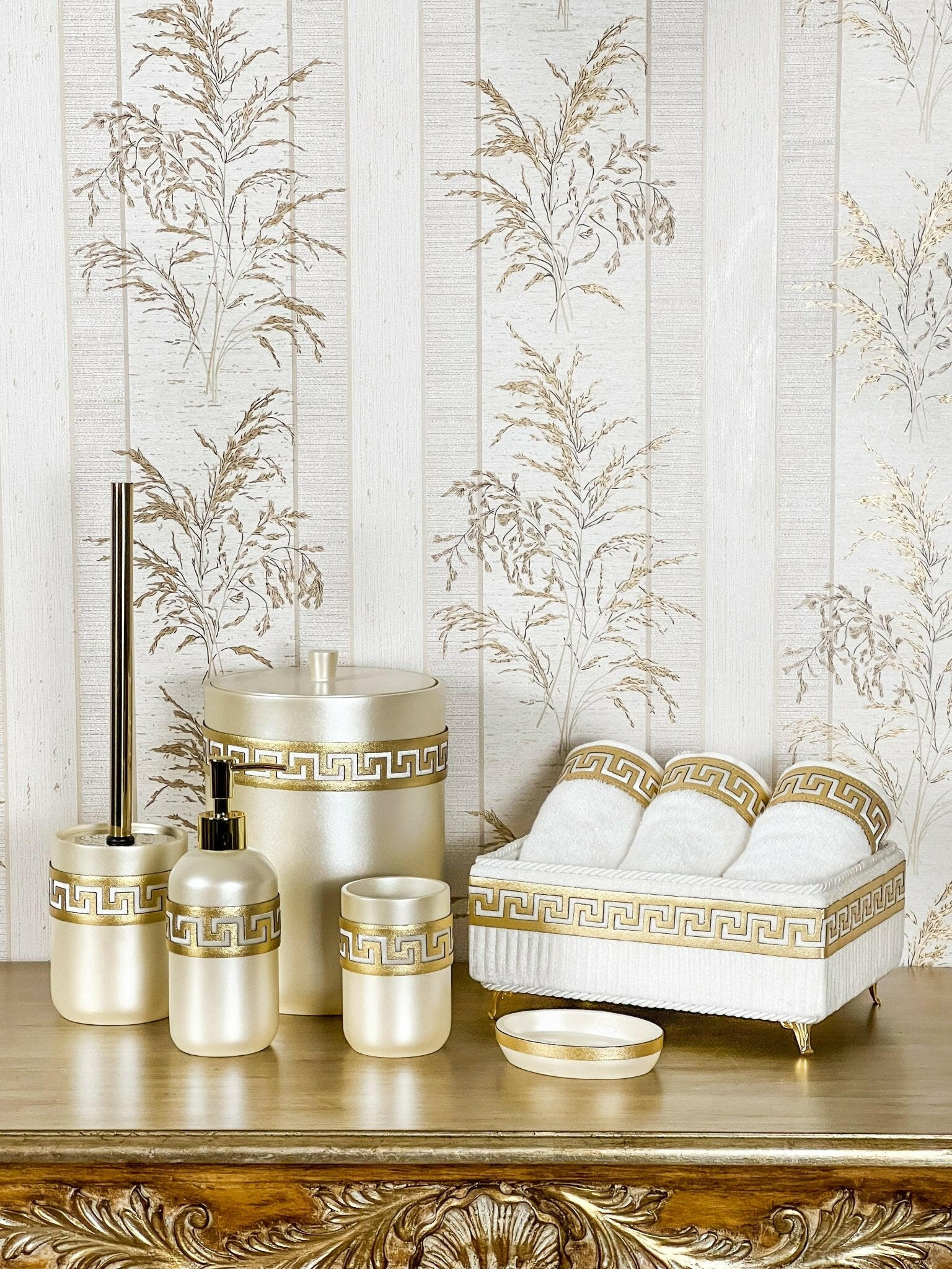 Anka Bathroom Set - Creative Home, Resin Bathroom Accessory Sets, Versace Style Greek Key Patterned Cream & Gold Bathroom Decor, Bamboo Ecru Turkish Towels,BS-CH-ANKACG-BATB
