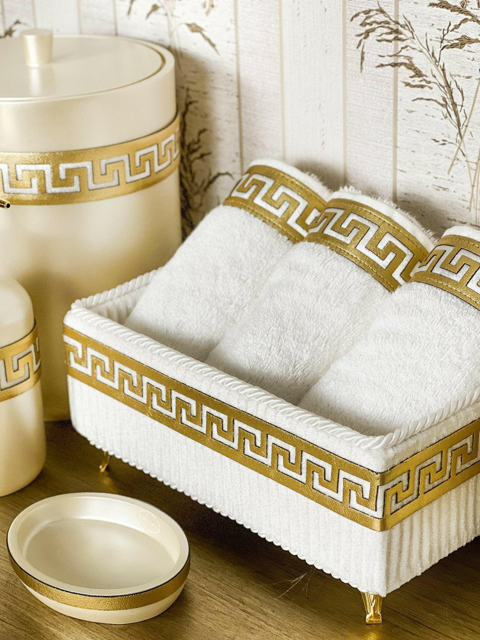 Anka Bathroom Set - Creative Home, Resin Bathroom Accessory Sets, Versace Style Greek Key Patterned Cream & Gold Bathroom Decor, Bamboo Ecru Turkish Towels,BS-CH-ANKACG-BATB