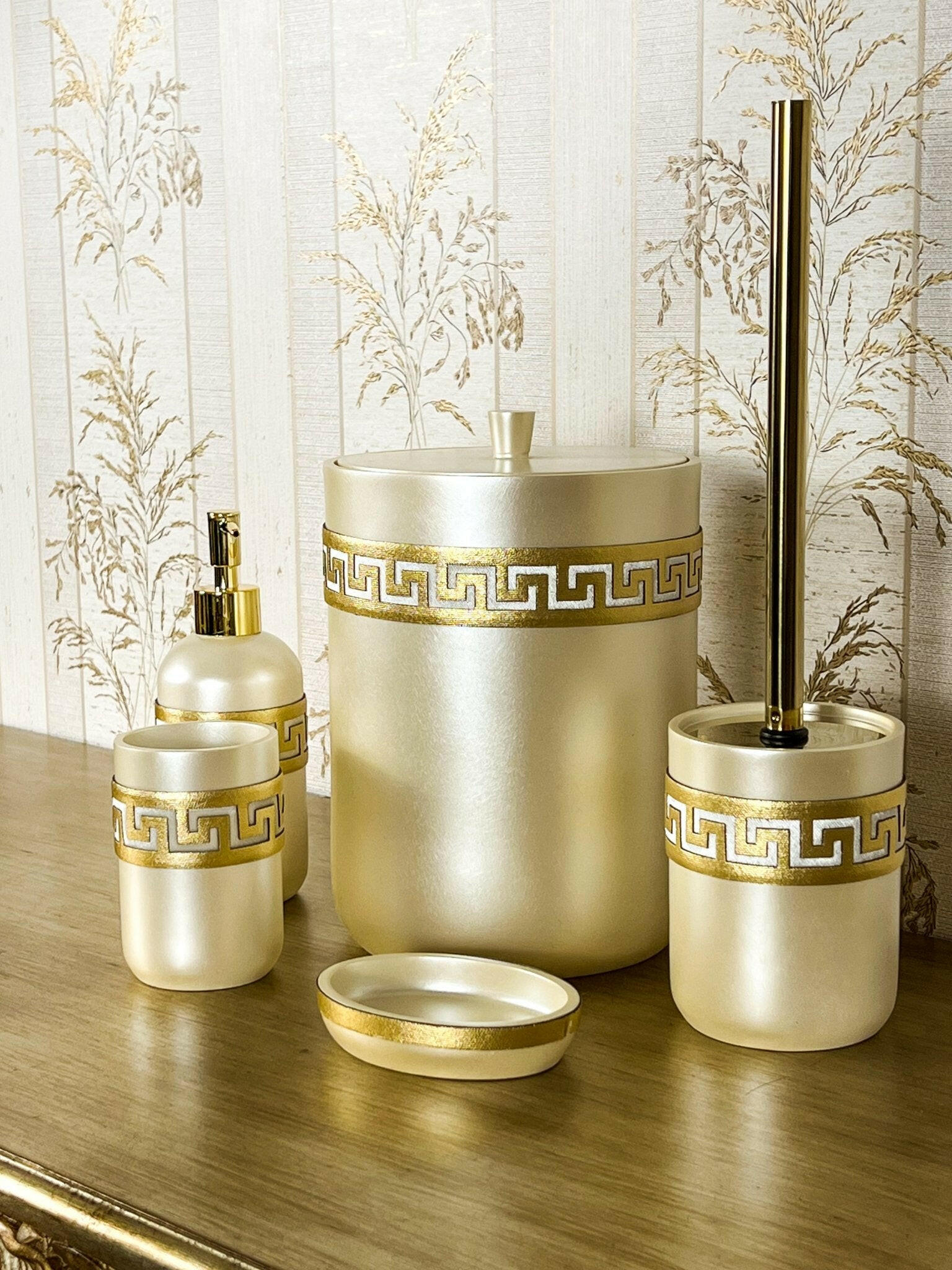 Anka Bathroom Set - Creative Home, Resin Bathroom Accessory Sets, Versace Style Greek Key Patterned Cream & Gold Bathroom Decor,BS-CH-ANKACG-BAO