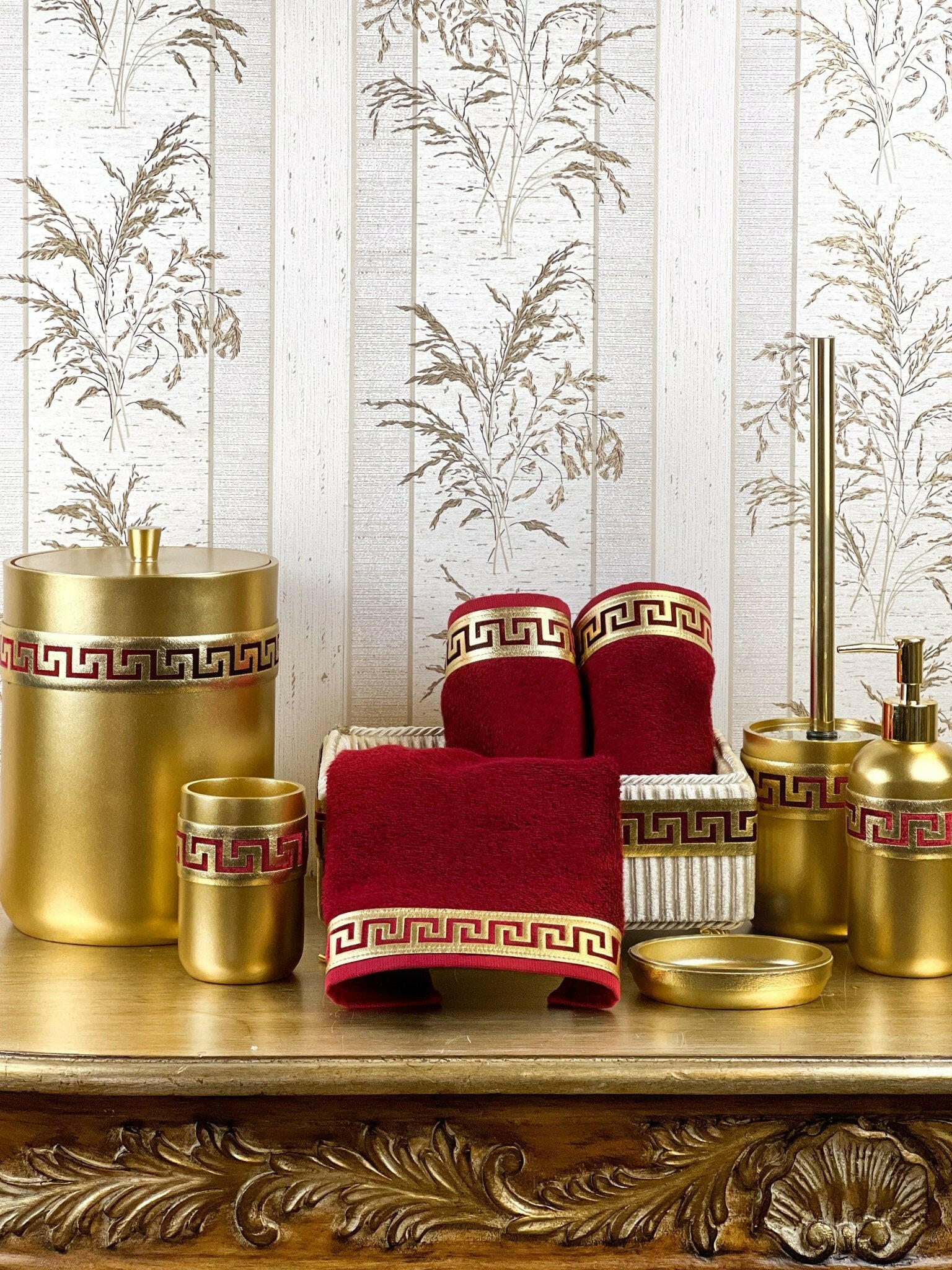 Anka Burgundy Red & Gold Bathroom Set - Creative HomeBathroom Accessory Sets