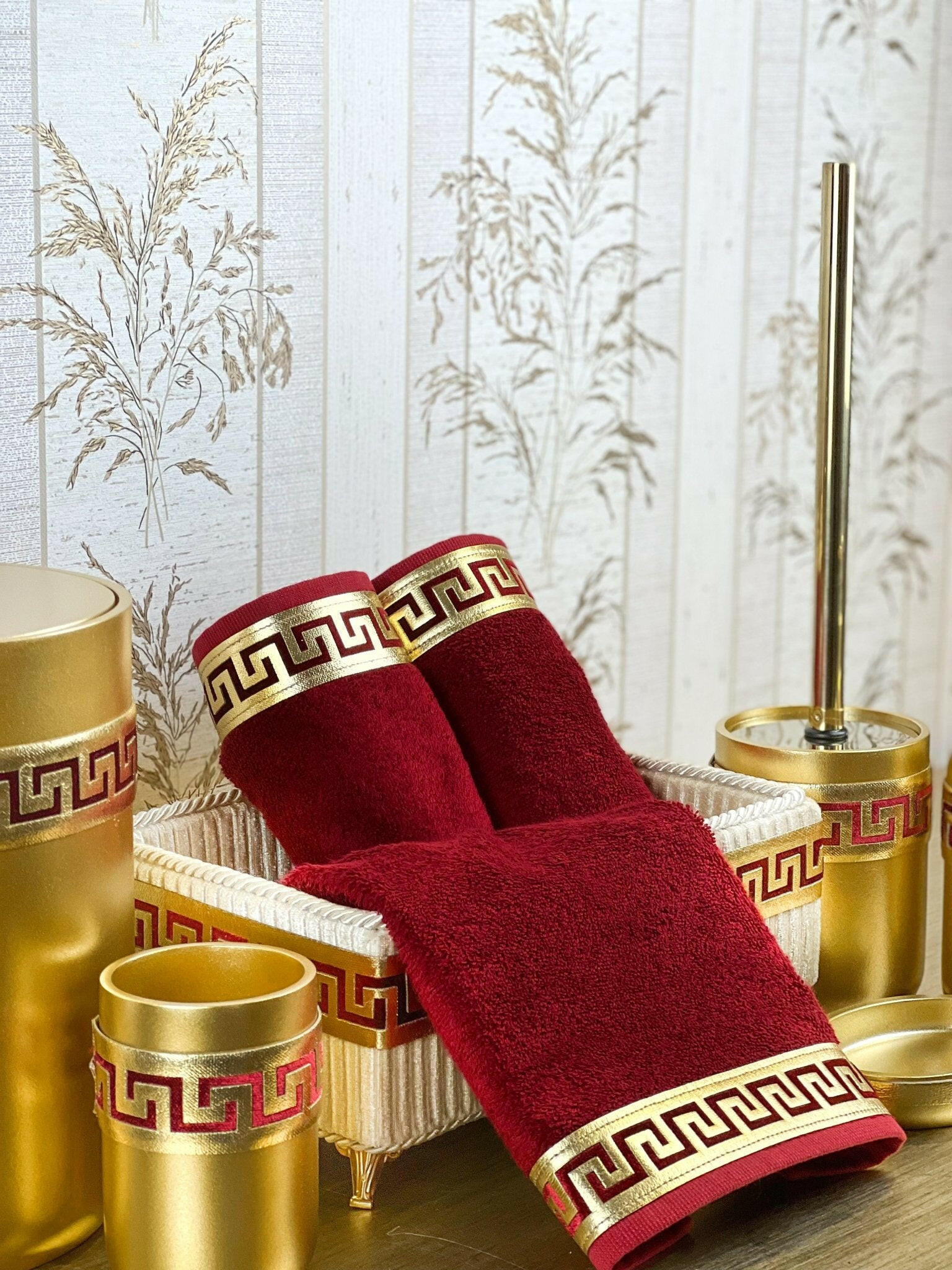 Anka Burgundy Red & Gold Bathroom Set - Creative HomeBathroom Accessory Sets