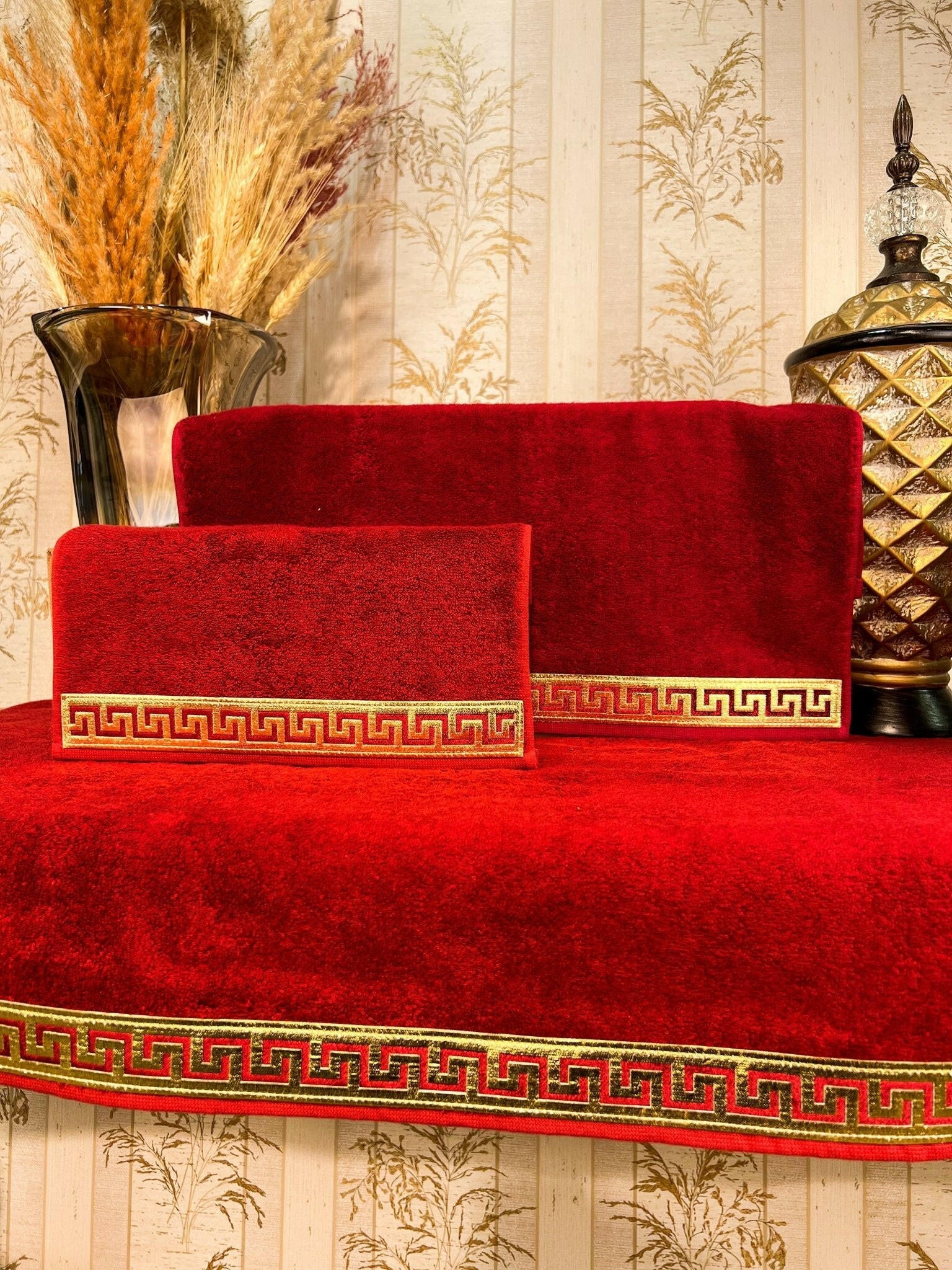 Anka Burgundy & Gold Towel Set - Creative Home Designs, Versace Style Greek Key Patterned Burgundy & Gold Bamboo Luxury & Expensive Turkish Towels,TS-CH-ANKARG