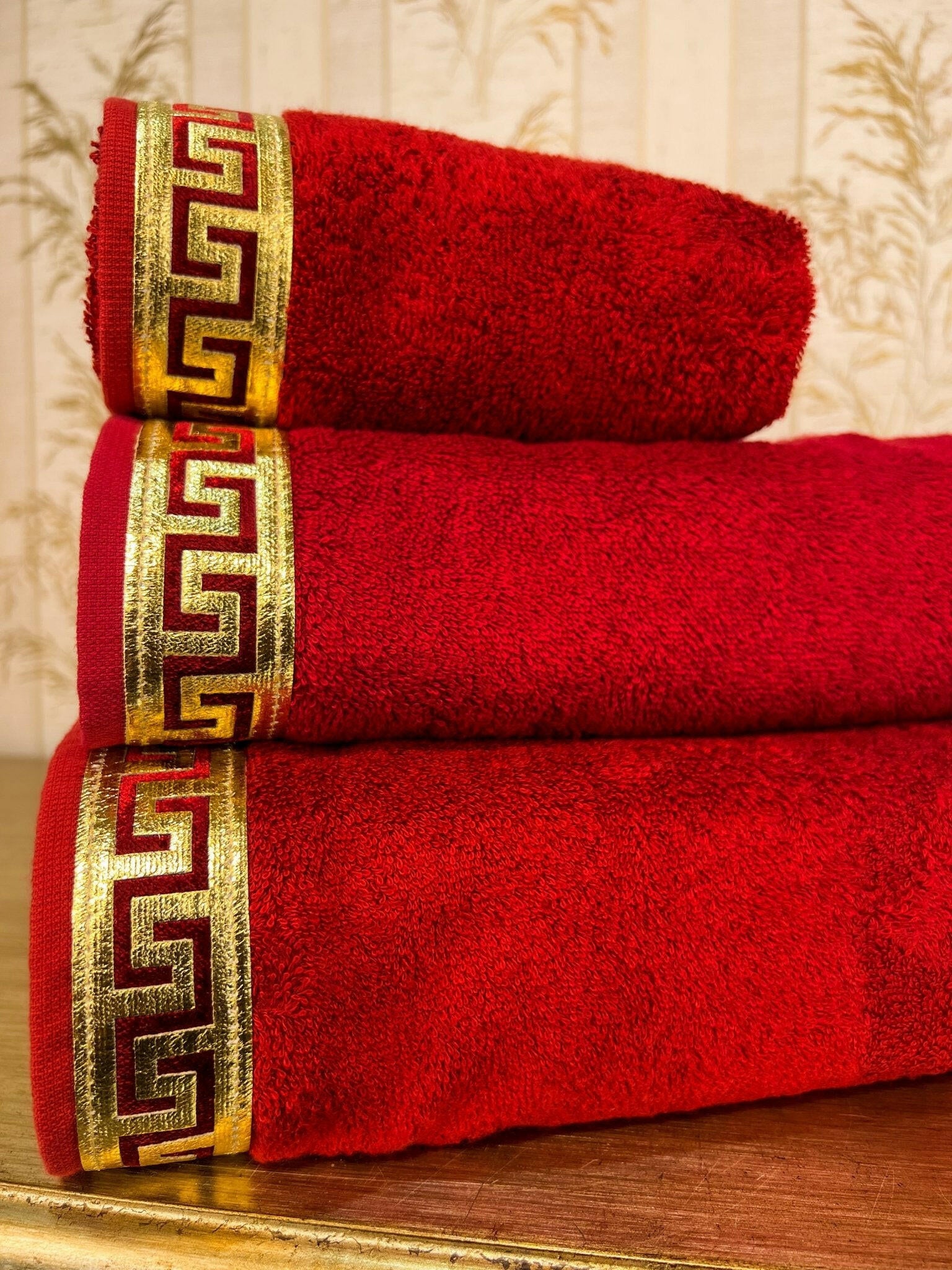 Anka Burgundy & Gold Towel Set - Creative Home Designs, Versace Style Greek Key Patterned Burgundy & Gold Bamboo Luxury & Expensive Turkish Towels,TS-CH-ANKARG