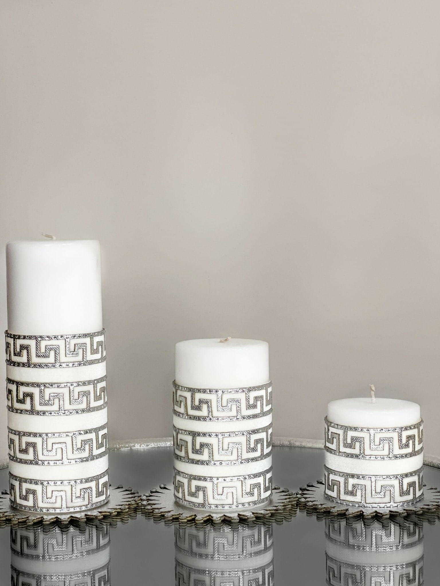 Anka Candle Silver Grey Color Set of 3, Greek Key Style Pattern, Chic Decorative CandlesAnka Candle Set of 3, Greek Key Versace Style Pattern, Chic Decorative Candles,CS-CH-ANKAS