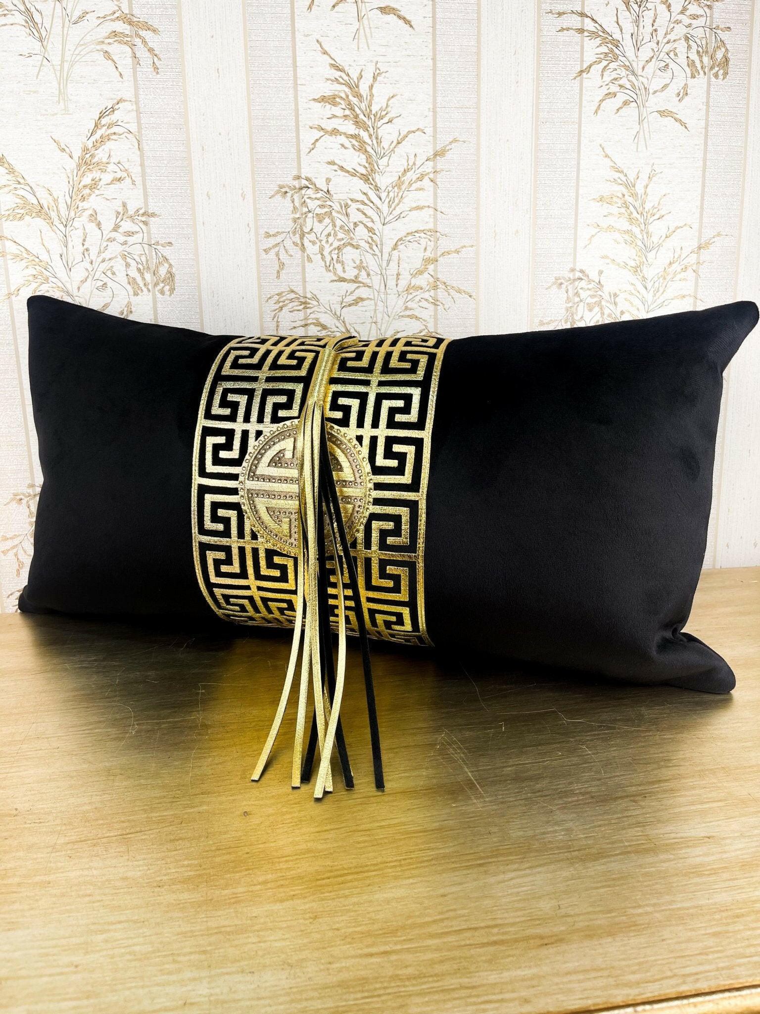 Anka Cushion Cover - Creative Home Designs Pillowcases, Luxury Turkish Throw Pillows & Shams, Black & Gold Color Greek Key Versace Pattern Sham,CC-CH-ANKA-BlaGo-1S1R,CC-CH-ANKA-BlaGo-2S,CC-CH-ANKA-BlaGo-2R,CC-CH-ANKA-BlaGo-2S1R