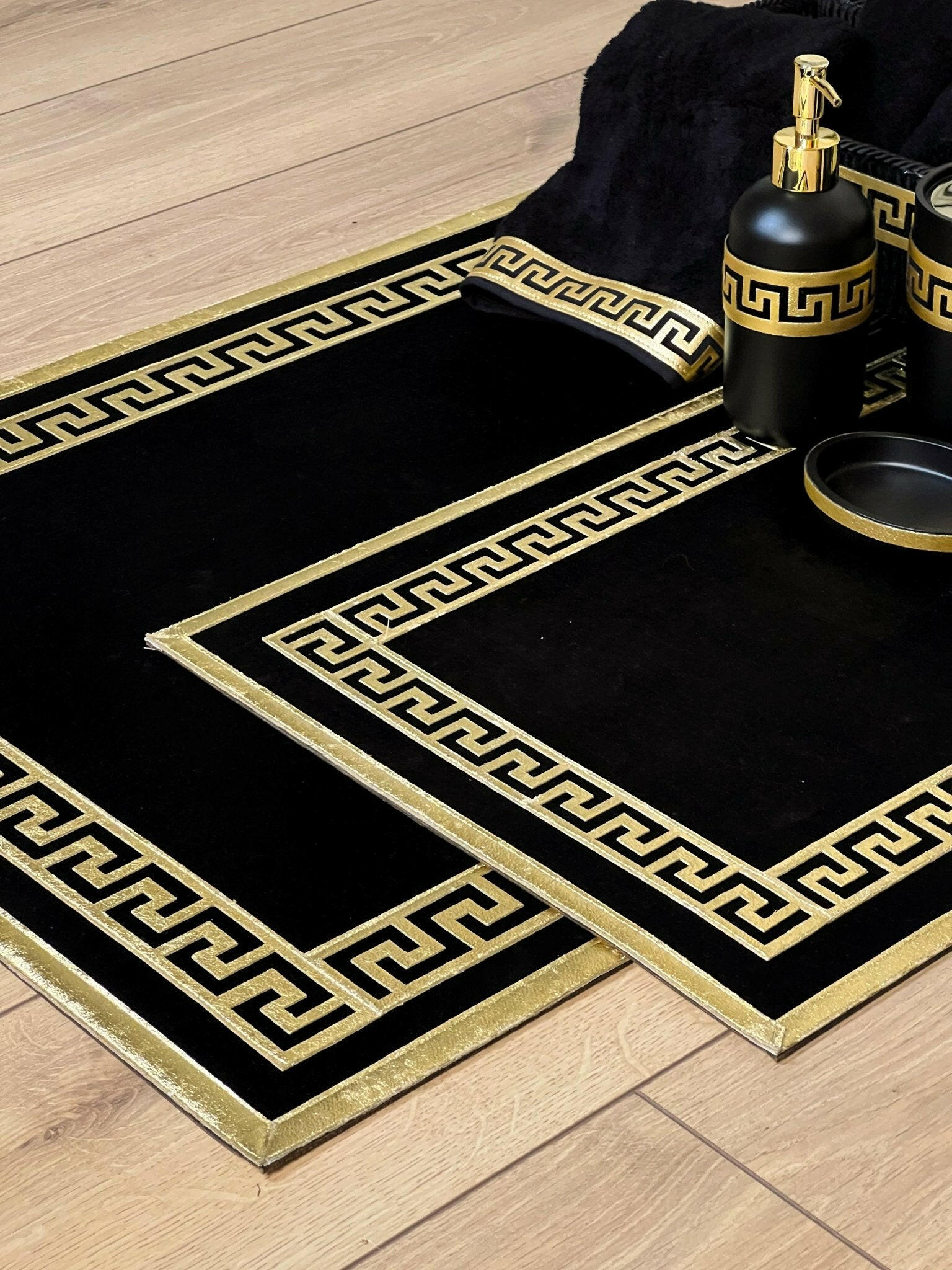 Anka Bathroom Set - Creative Home, Resin Black & Gold Bathroom Accessory Sets, Versace Style Greek Key Patterned Black & Gold Bathroom Decor, Bamboo Black Turkish Towels, Turkish Black & Gold Rug Carpet Mat,BS-CH-ANKABG-COMP