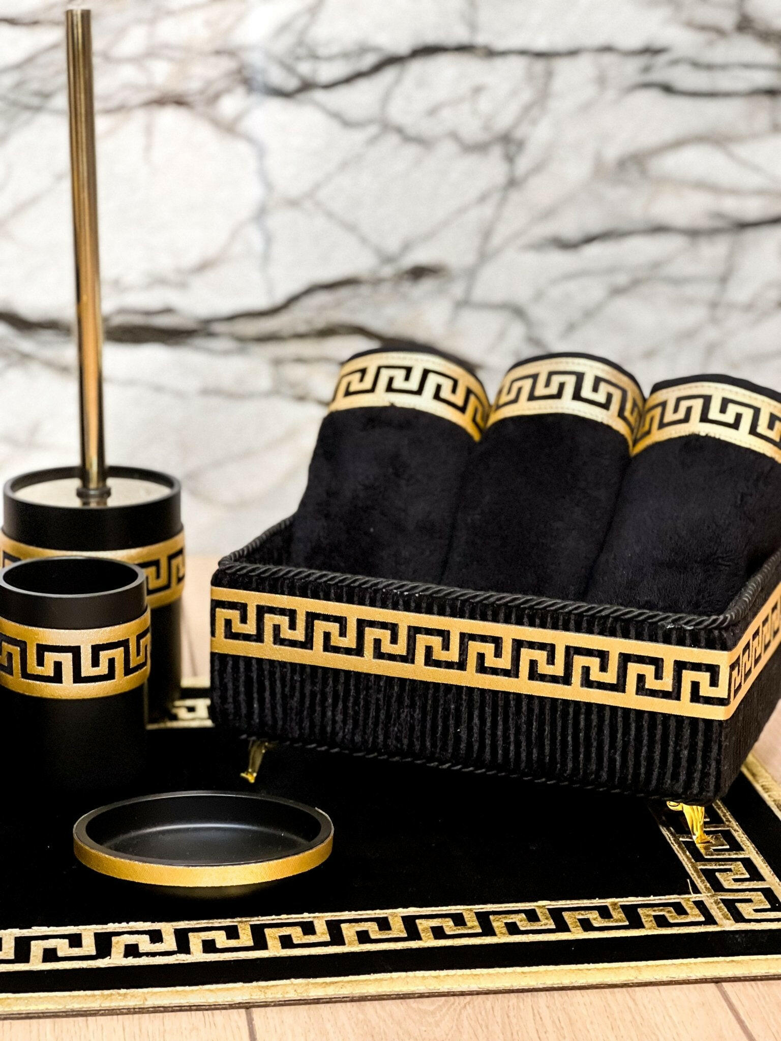 Anka Bathroom Set - Creative Home, Resin Black & Gold Bathroom Accessory Sets, Versace Style Greek Key Patterned Black & Gold Bathroom Decor, Bamboo Black Turkish Towels, Turkish Black & Gold Rug Carpet Mat,BS-CH-ANKABG-COMP